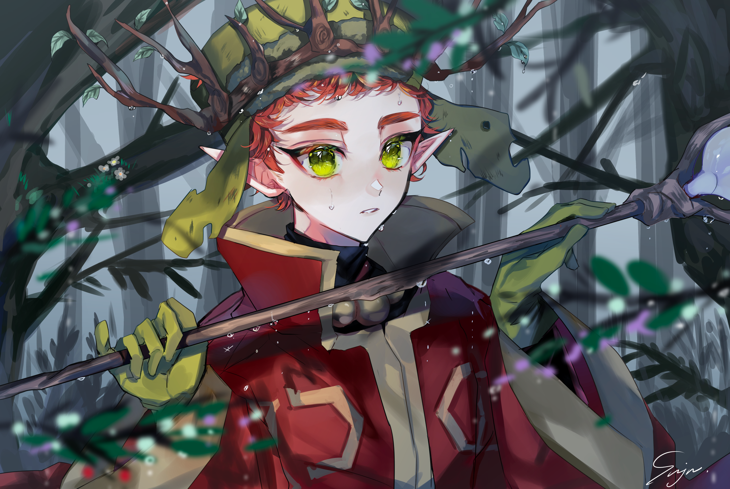 Anime character with red hair and green eyes in a forest HD Wallpaper