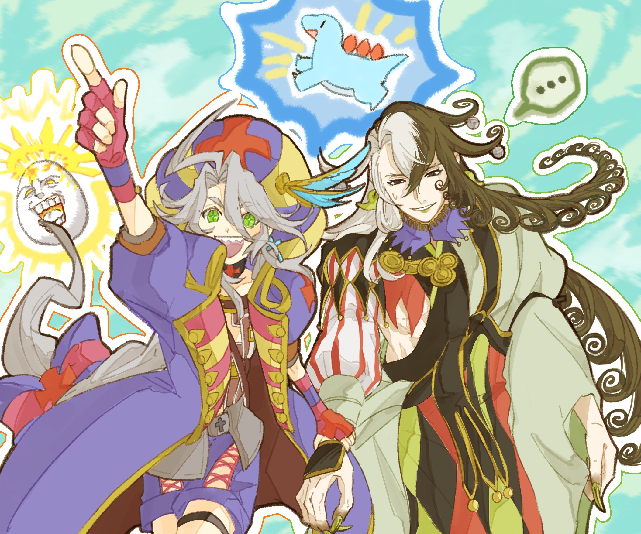 Two characters from Fate/Grand Order with a sun and a dinosaur HD Wallpaper