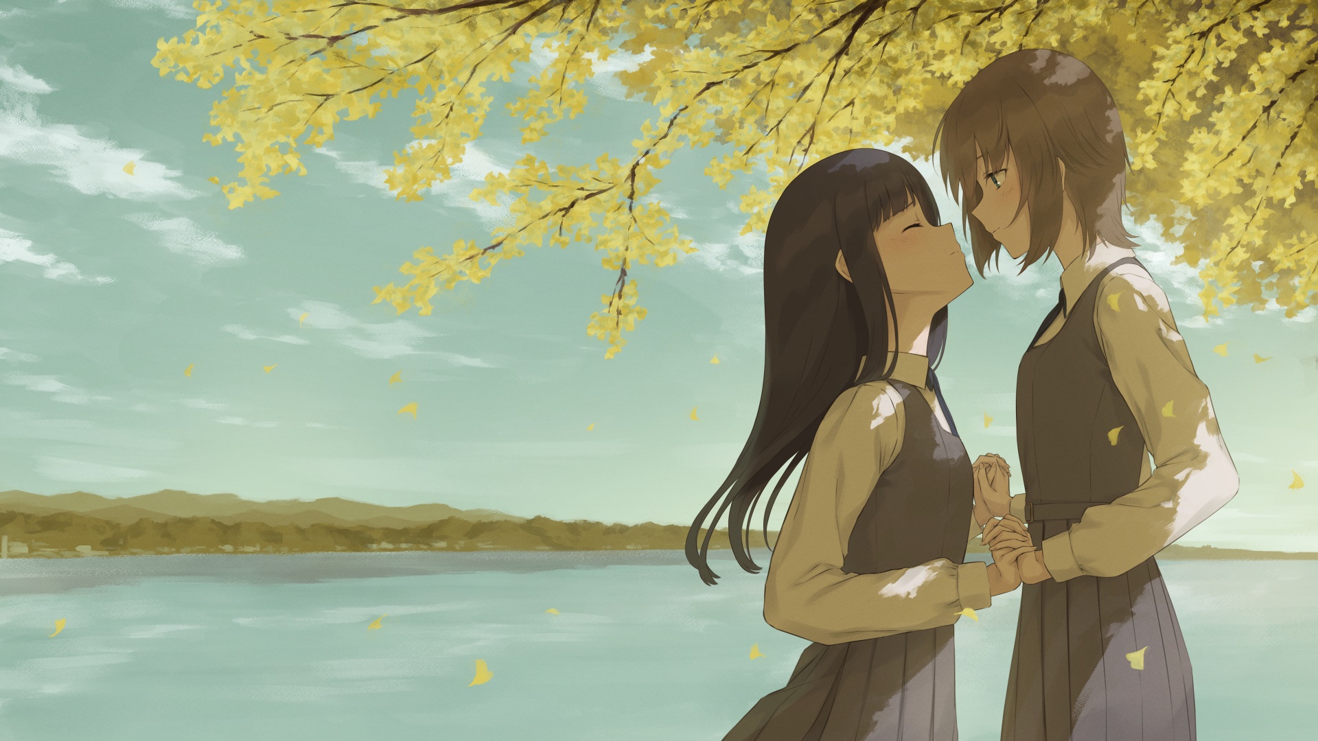 Two girls holding hands under a tree HD Wallpaper