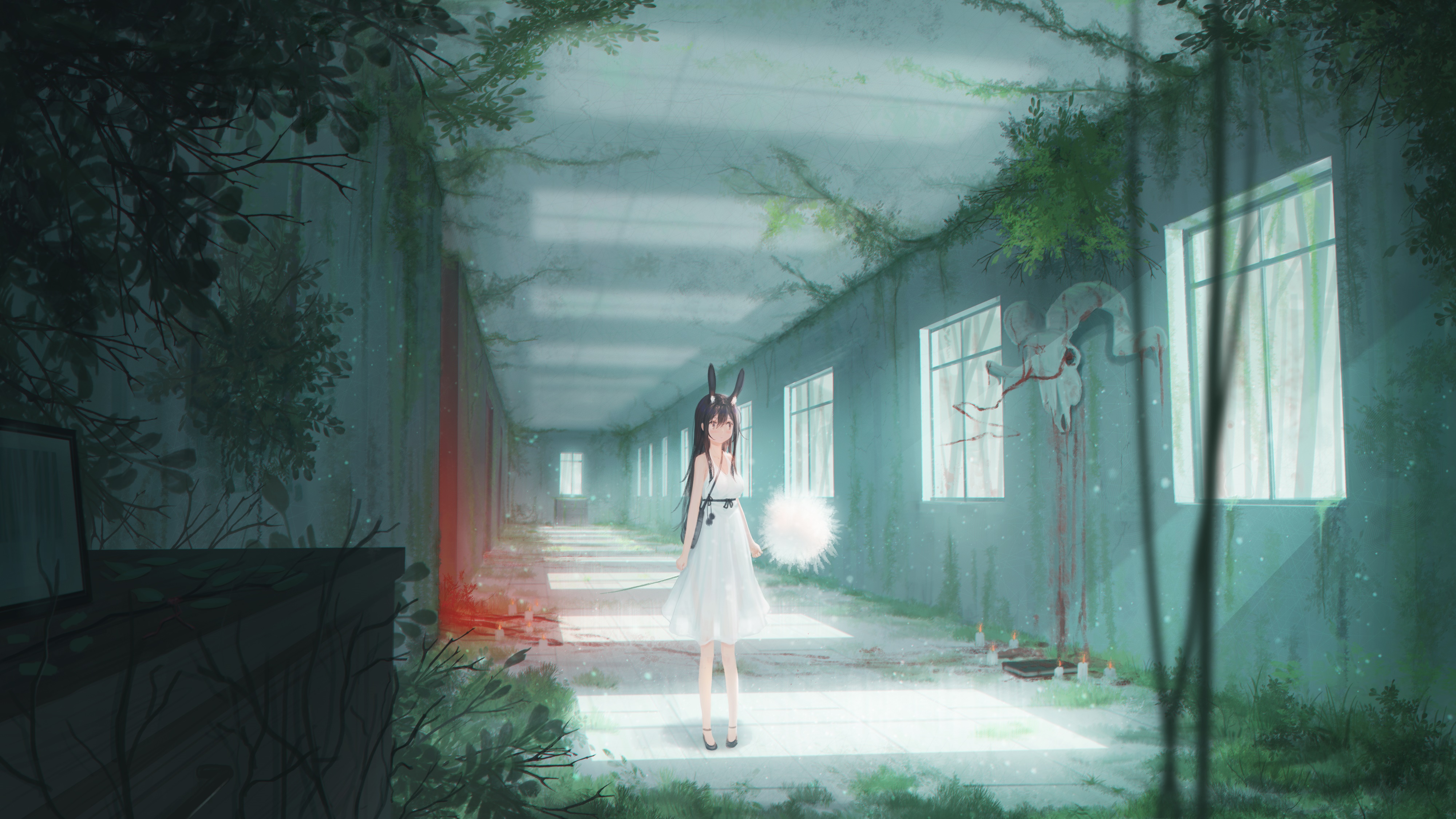 Girl with bunny ears in abandoned hallway HD Wallpaper