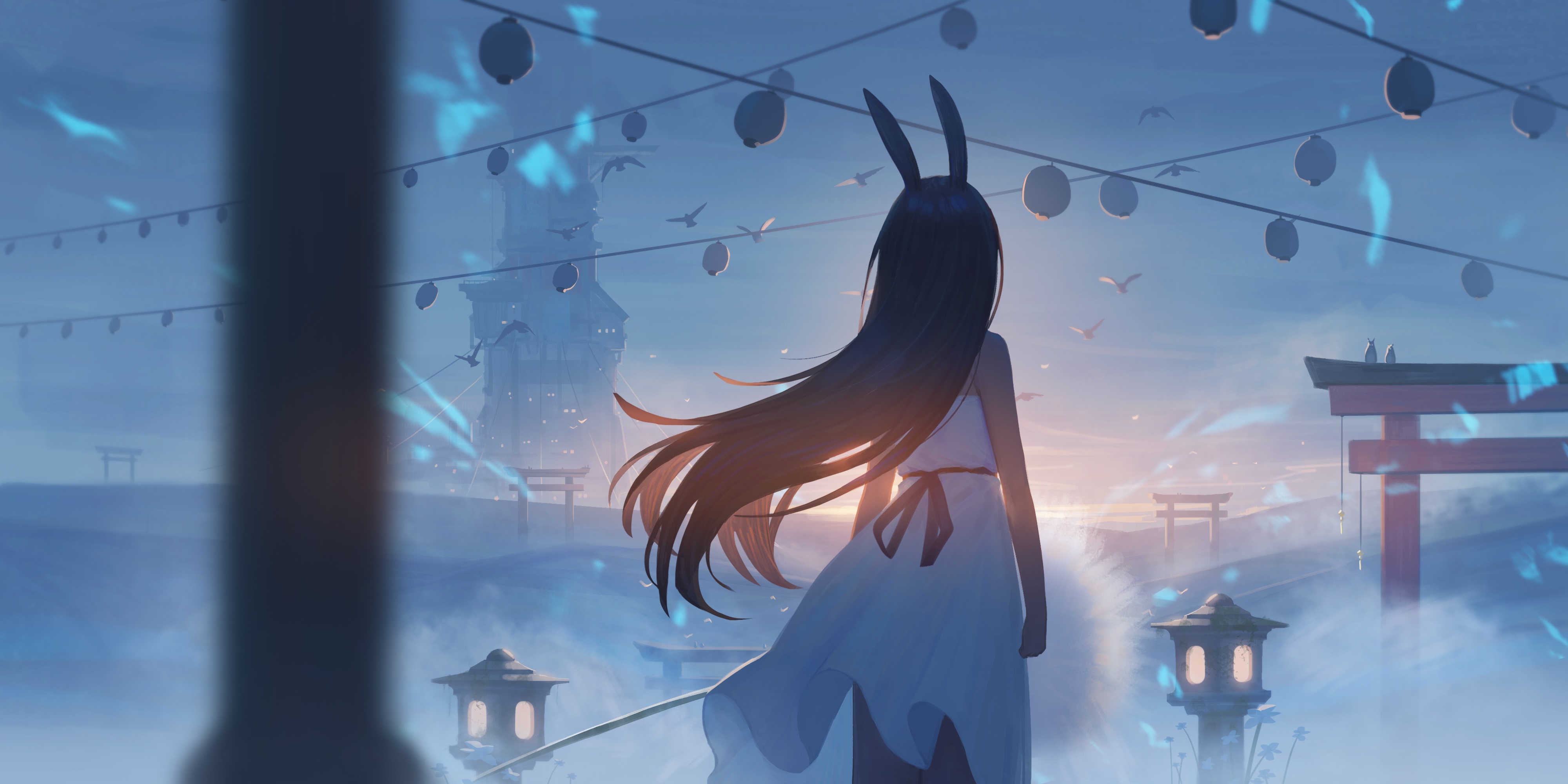 Girl with bunny ears in a white dress HD Wallpaper