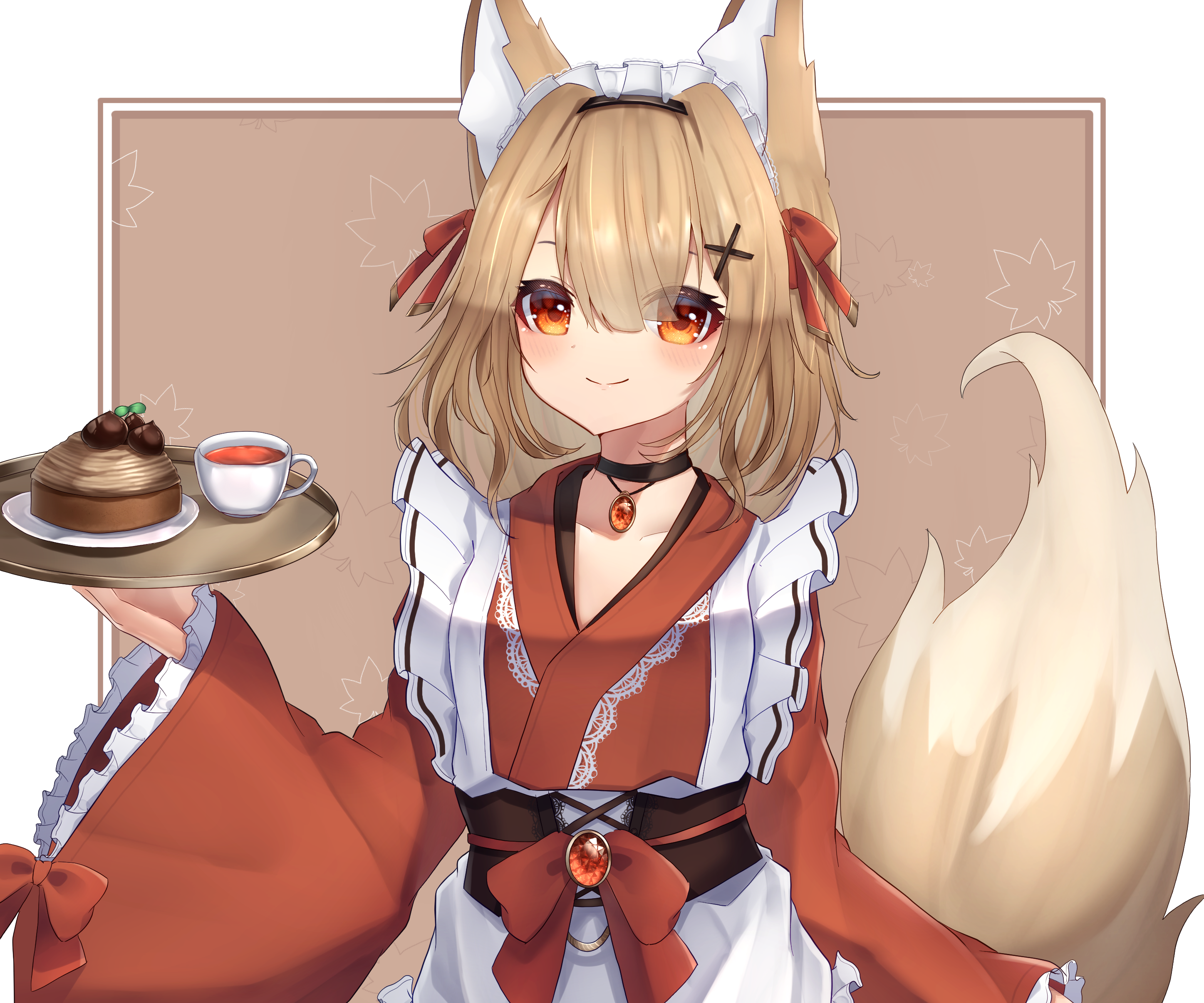 Fox girl maid with cake and tea HD Wallpaper