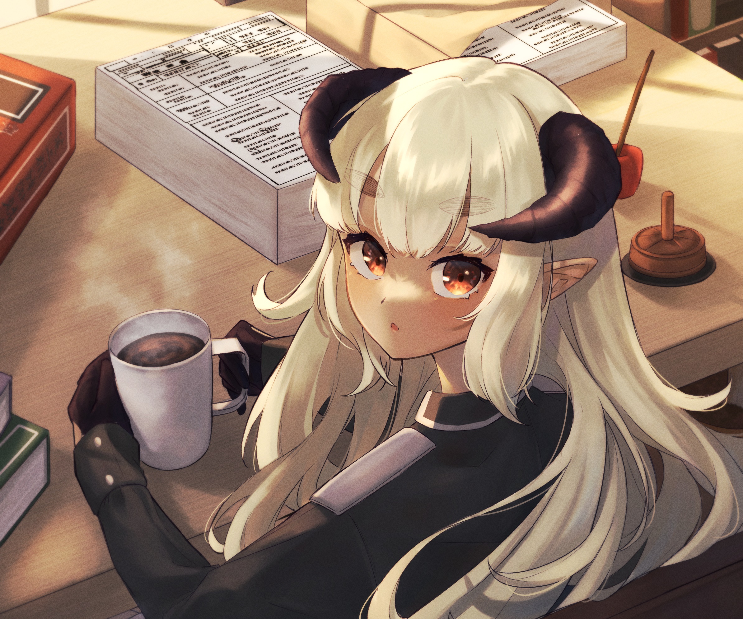 Girl with horns holding a coffee mug HD Wallpaper