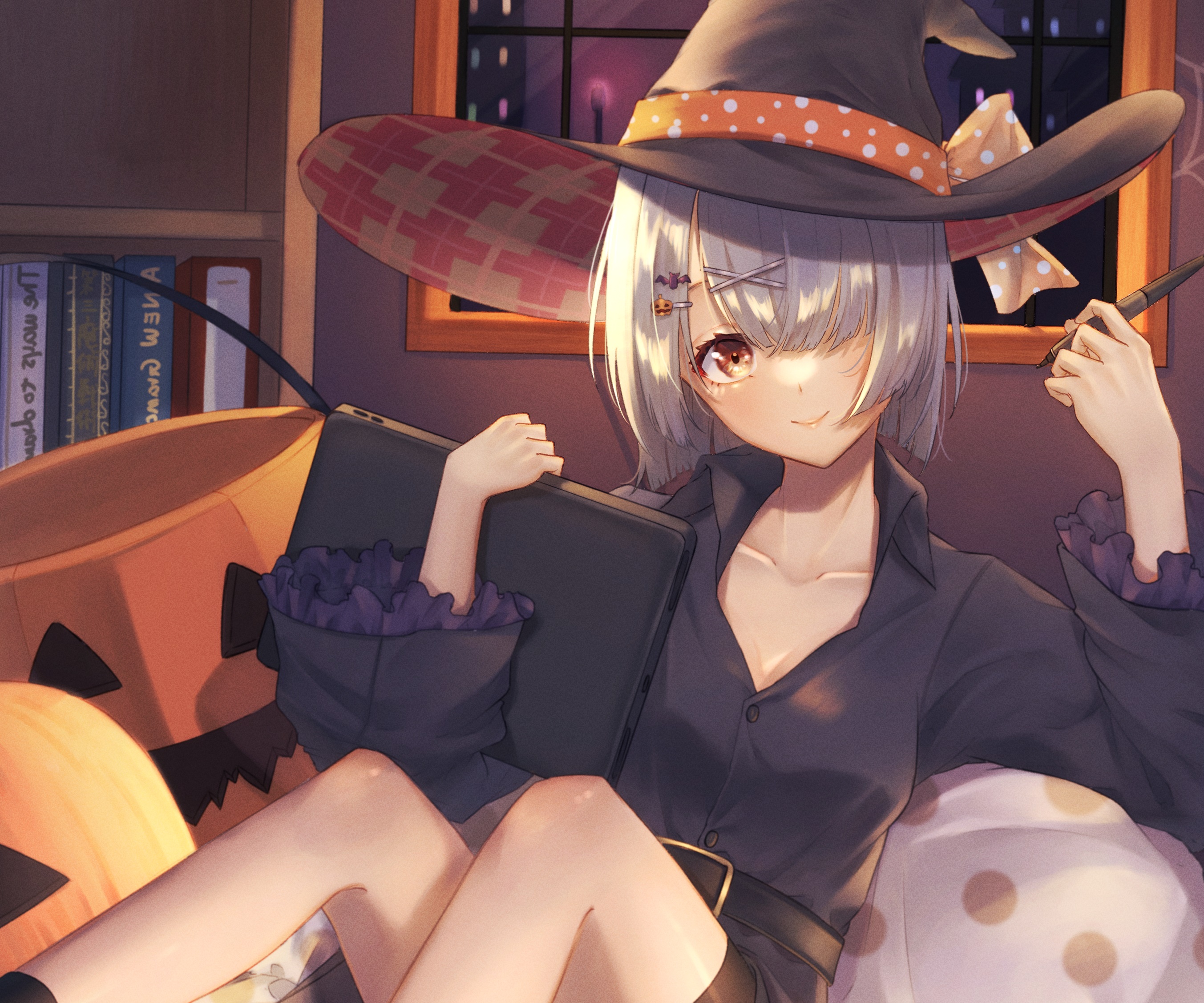 Girl in Witch Hat with Tablet and Stylus HD Wallpaper