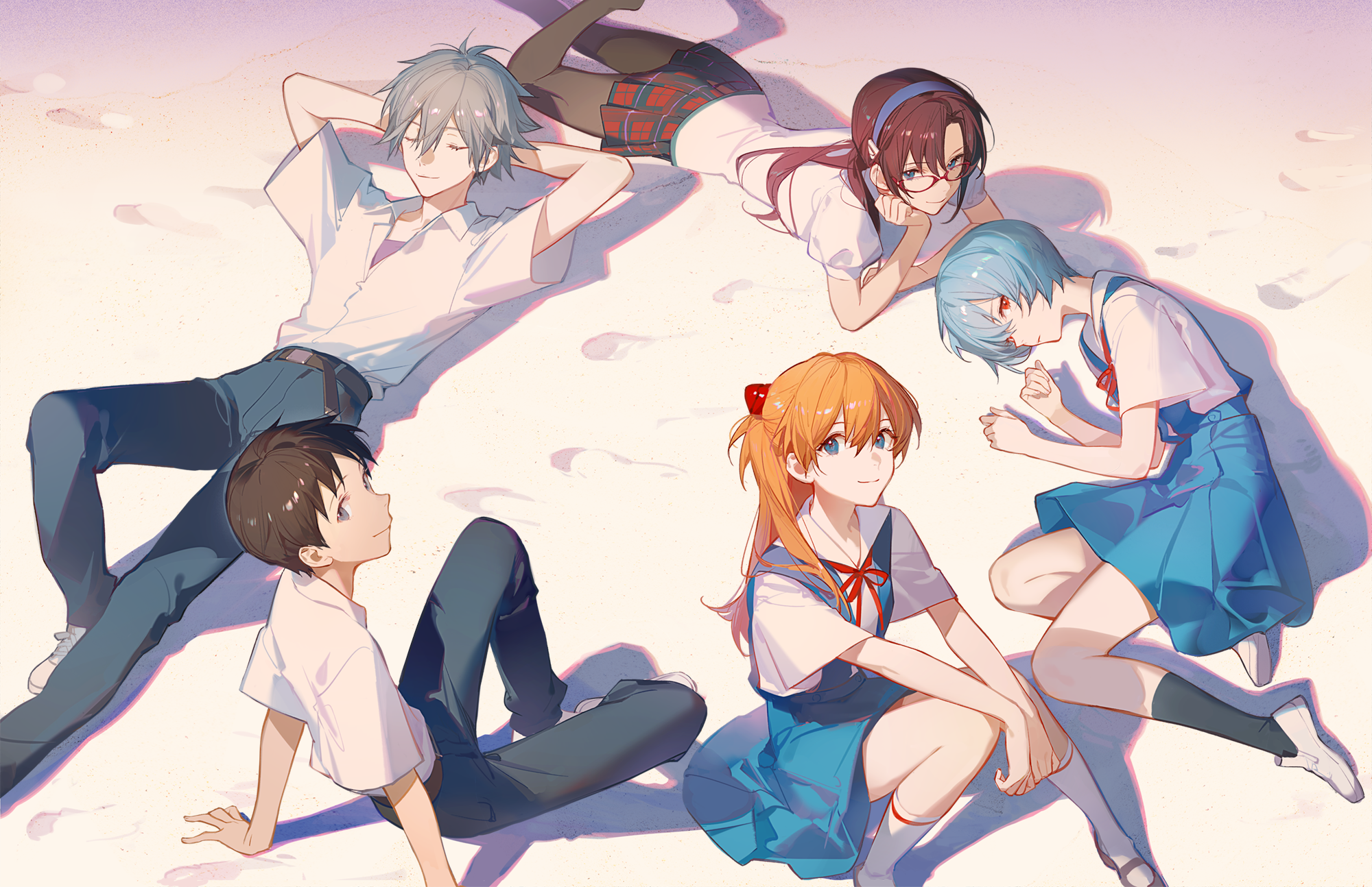 Neon Genesis Evangelion characters on a beach HD Wallpaper