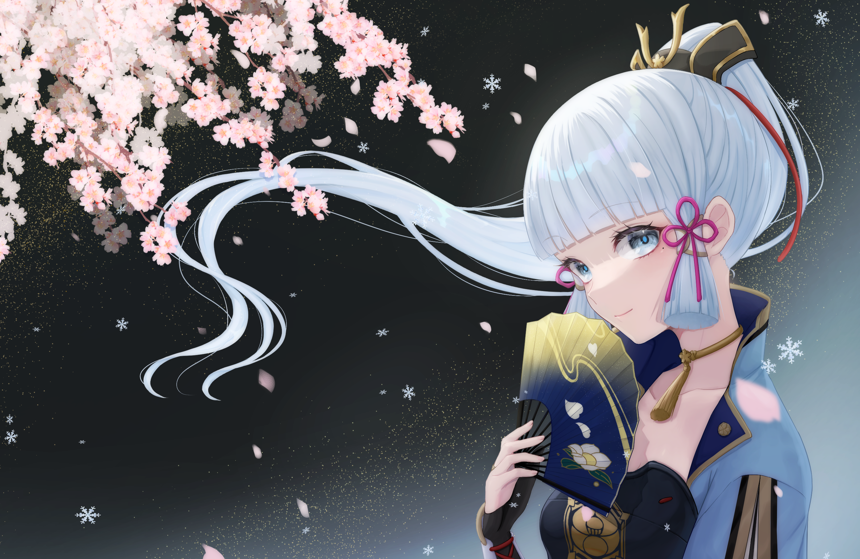 Kamisato Ayaka from Genshin Impact with Cherry Blossoms HD Wallpaper