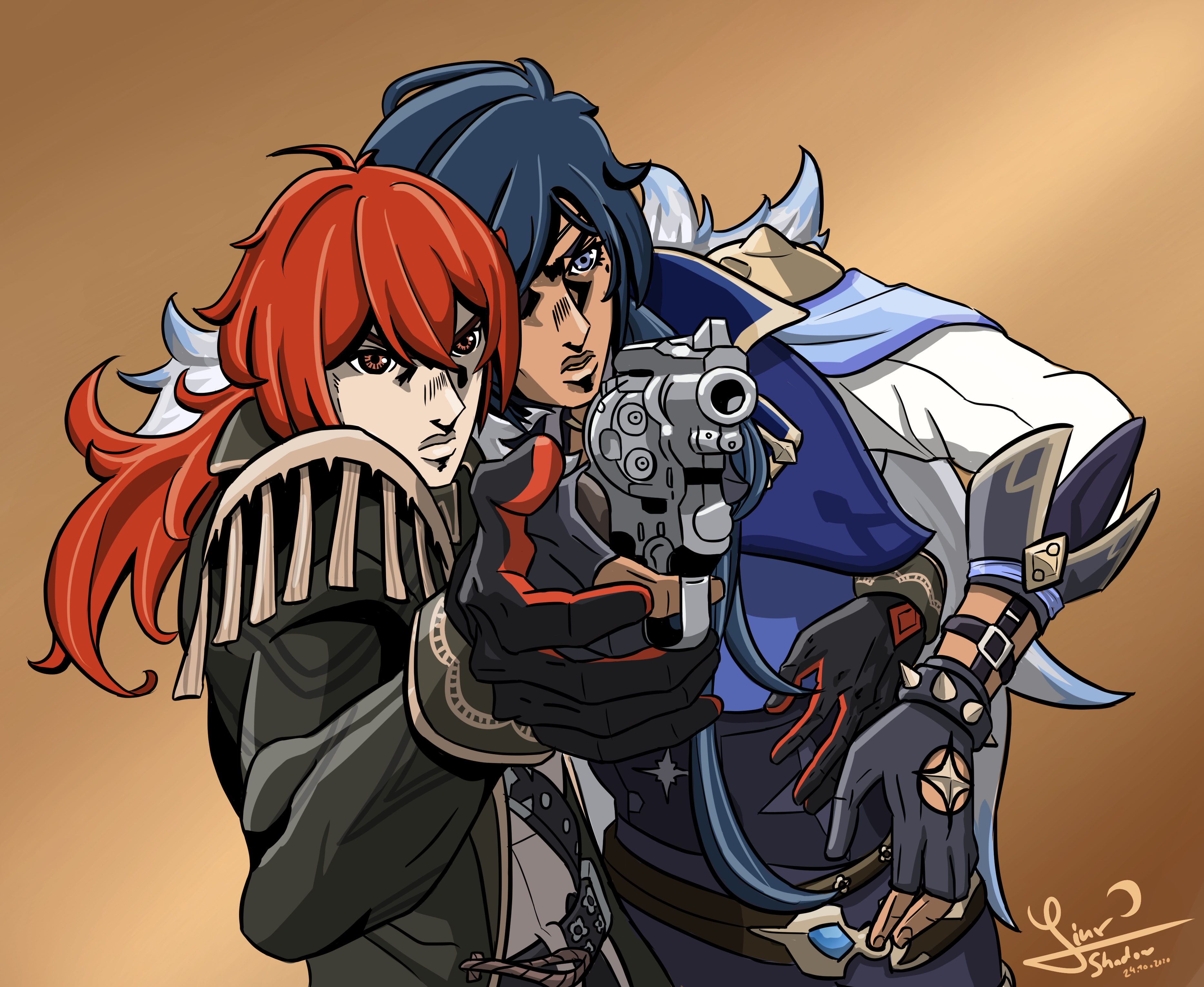 Kaeya and Diluc from Genshin Impact with a gun HD Wallpaper