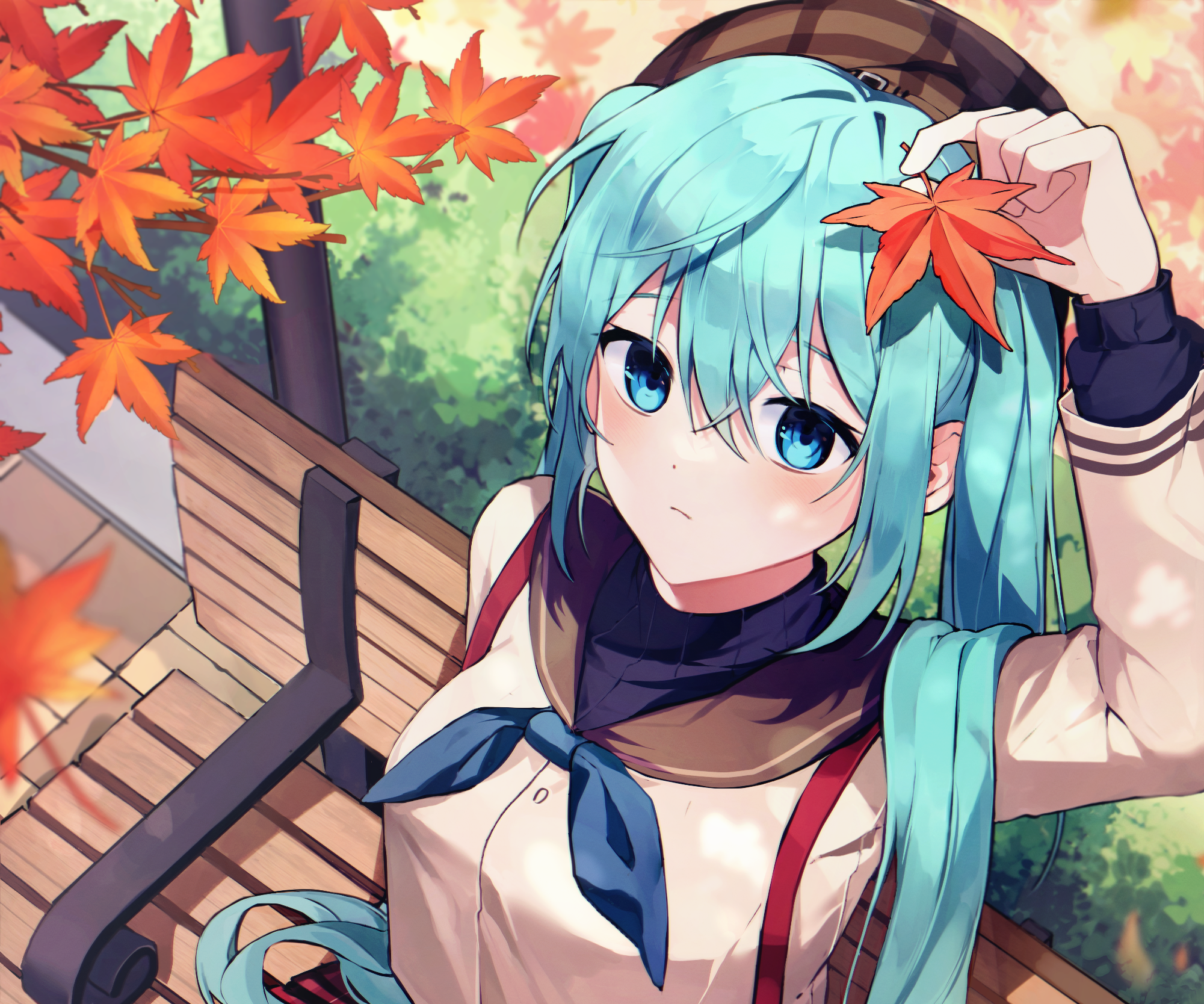 Hatsune Miku holding a maple leaf HD Wallpaper