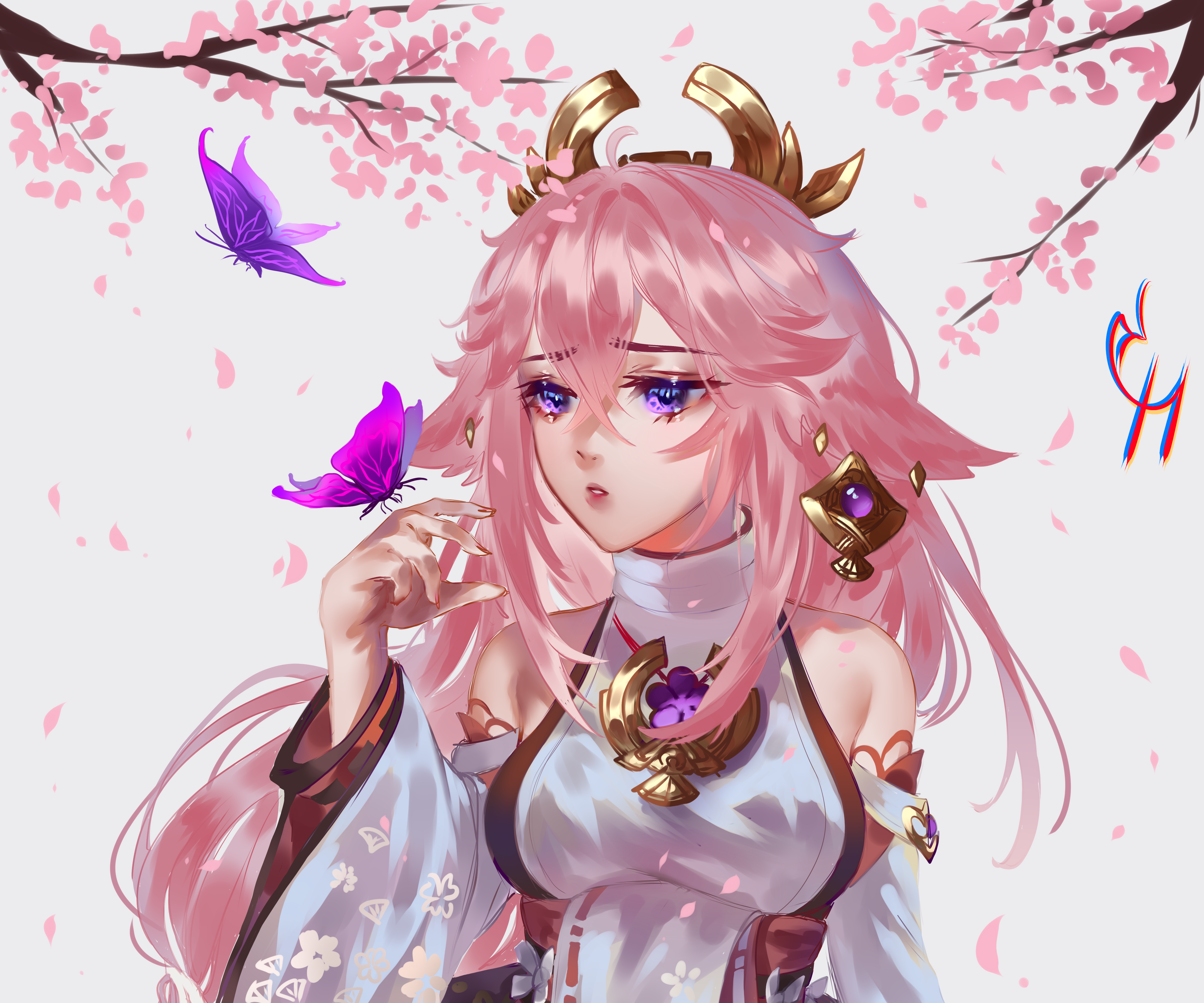 Yae Miko from Genshin Impact with butterflies HD Wallpaper