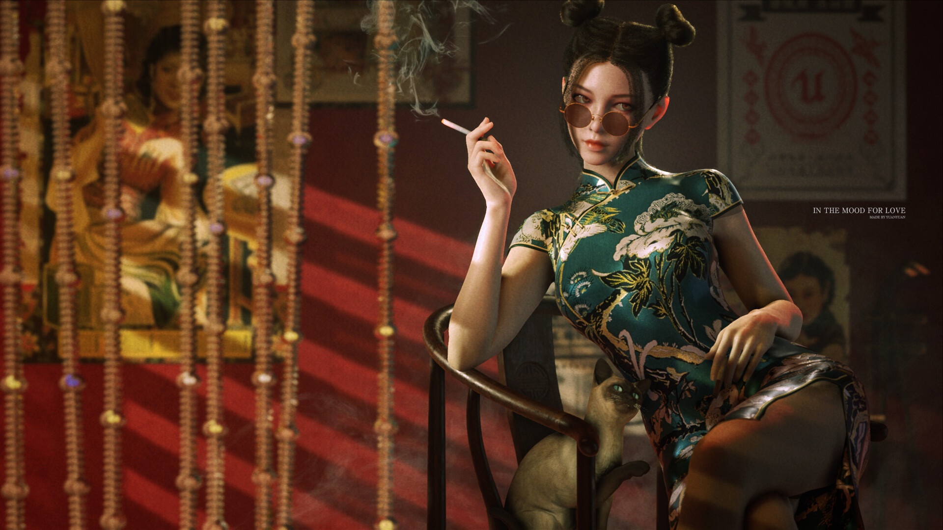 Girl in Cheongsam Smoking HD Wallpaper