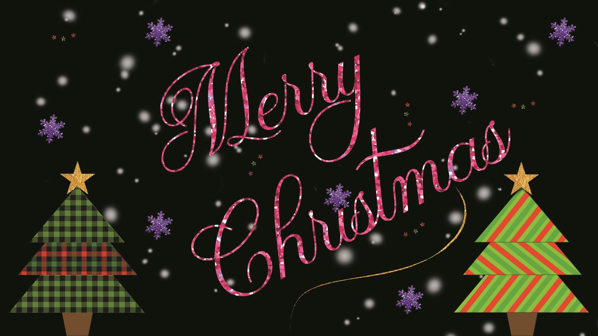 Merry Christmas greeting with trees and snowflakes HD Wallpaper