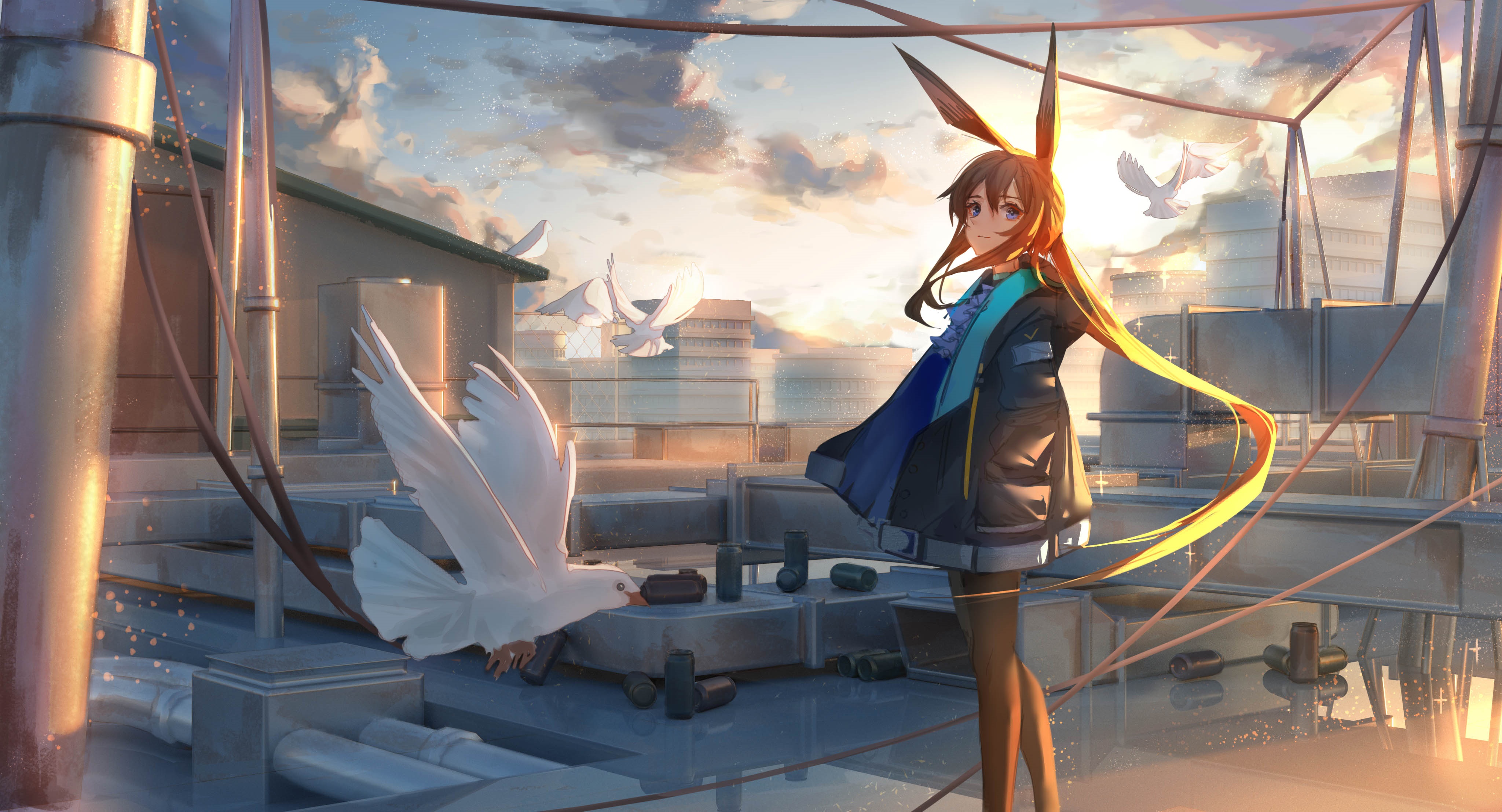 Amiya from Arknights on a rooftop at sunset HD Wallpaper
