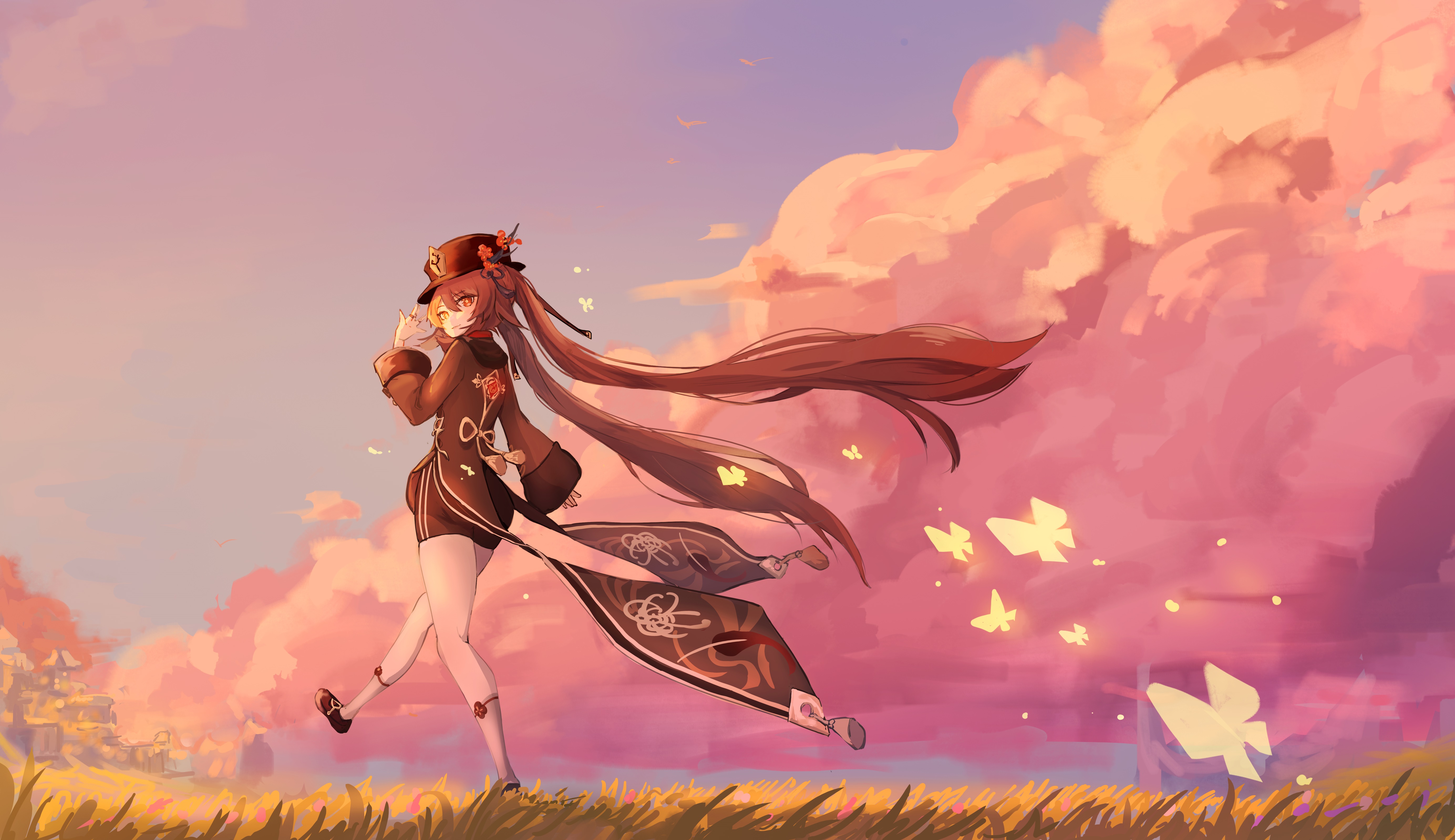 Hu Tao from Genshin Impact walking at sunset HD Wallpaper
