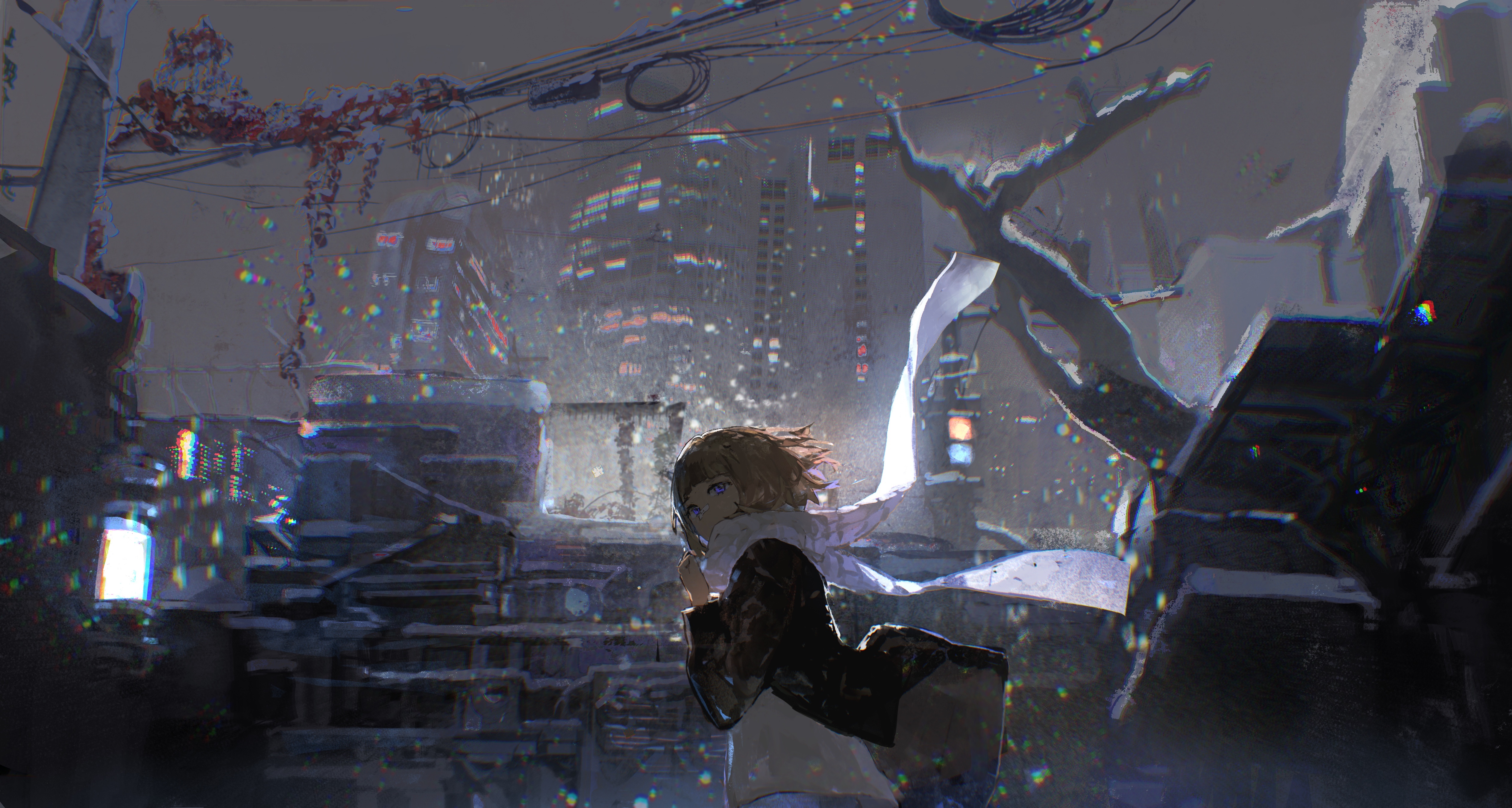 Girl in a snowy city at night 4K HD Wallpaper