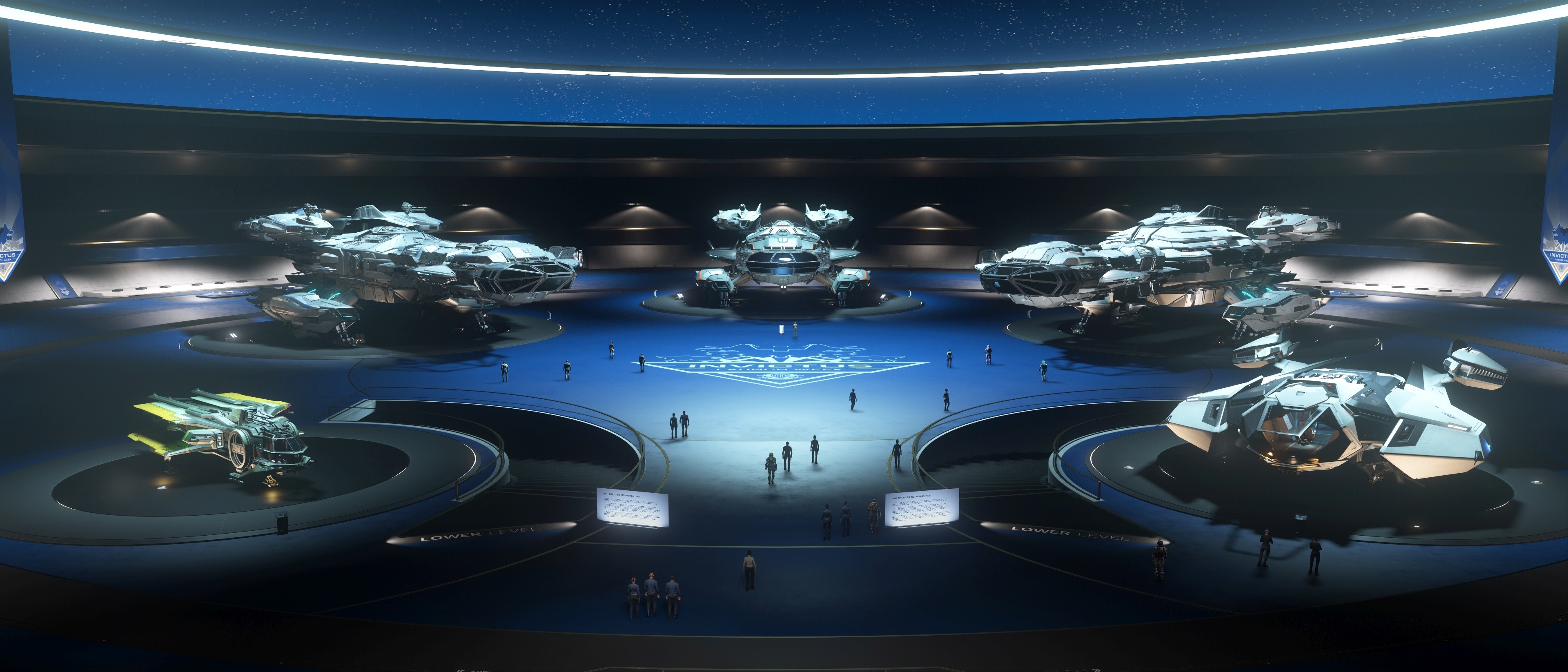 Star Citizen spaceship showroom with multiple ships HD Wallpaper