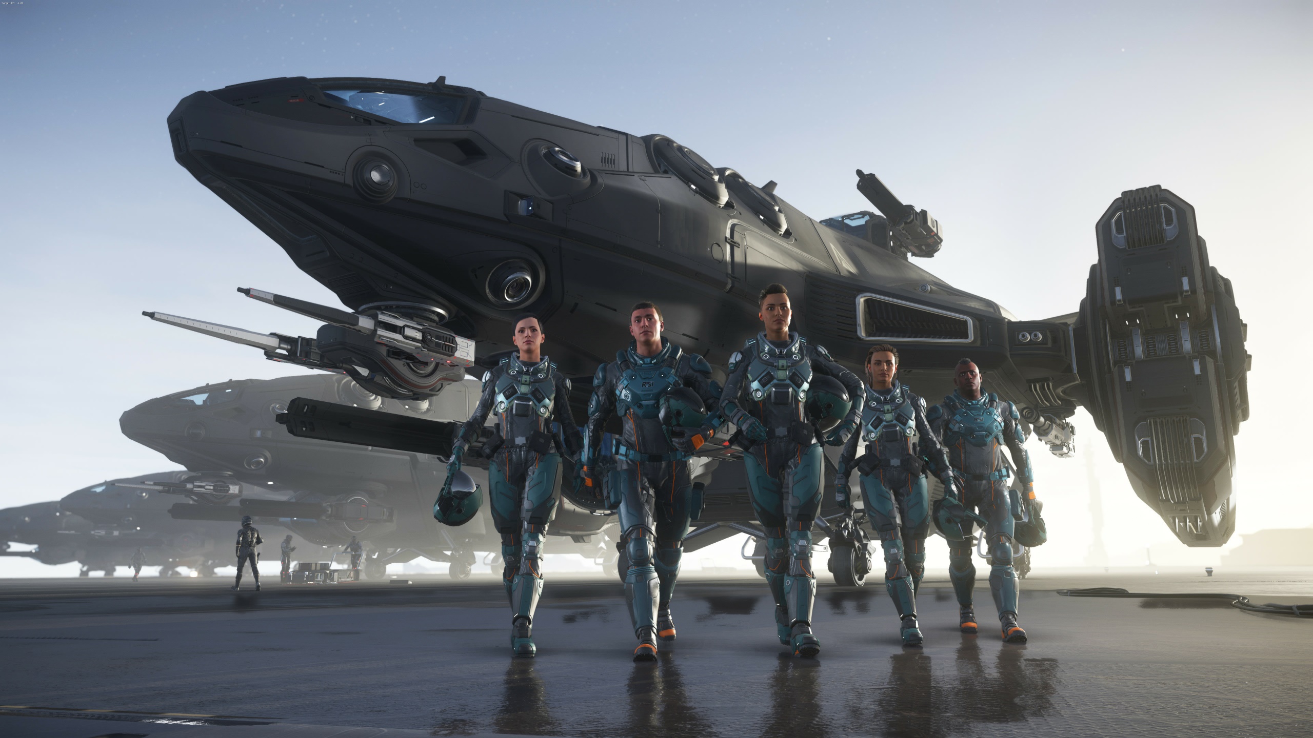 Star Citizen spaceship crew on tarmac HD Wallpaper