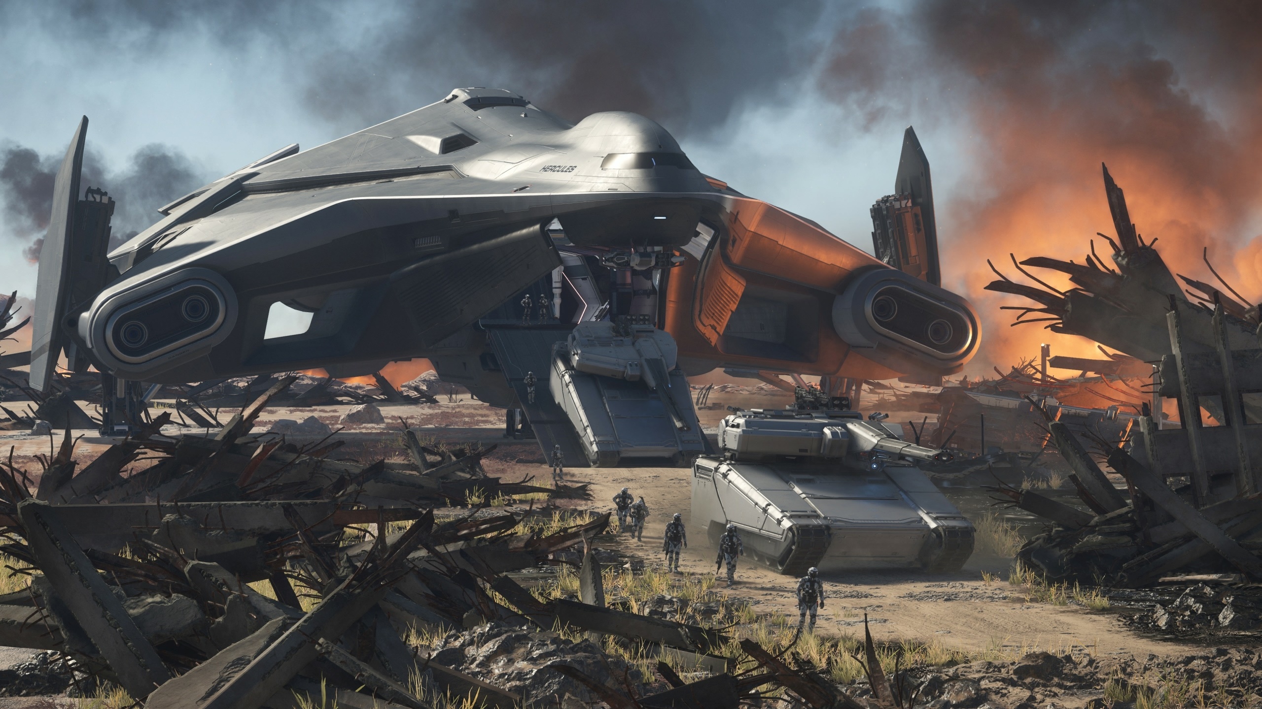 Star Citizen spaceship and tank in a war-torn landscape HD Wallpaper