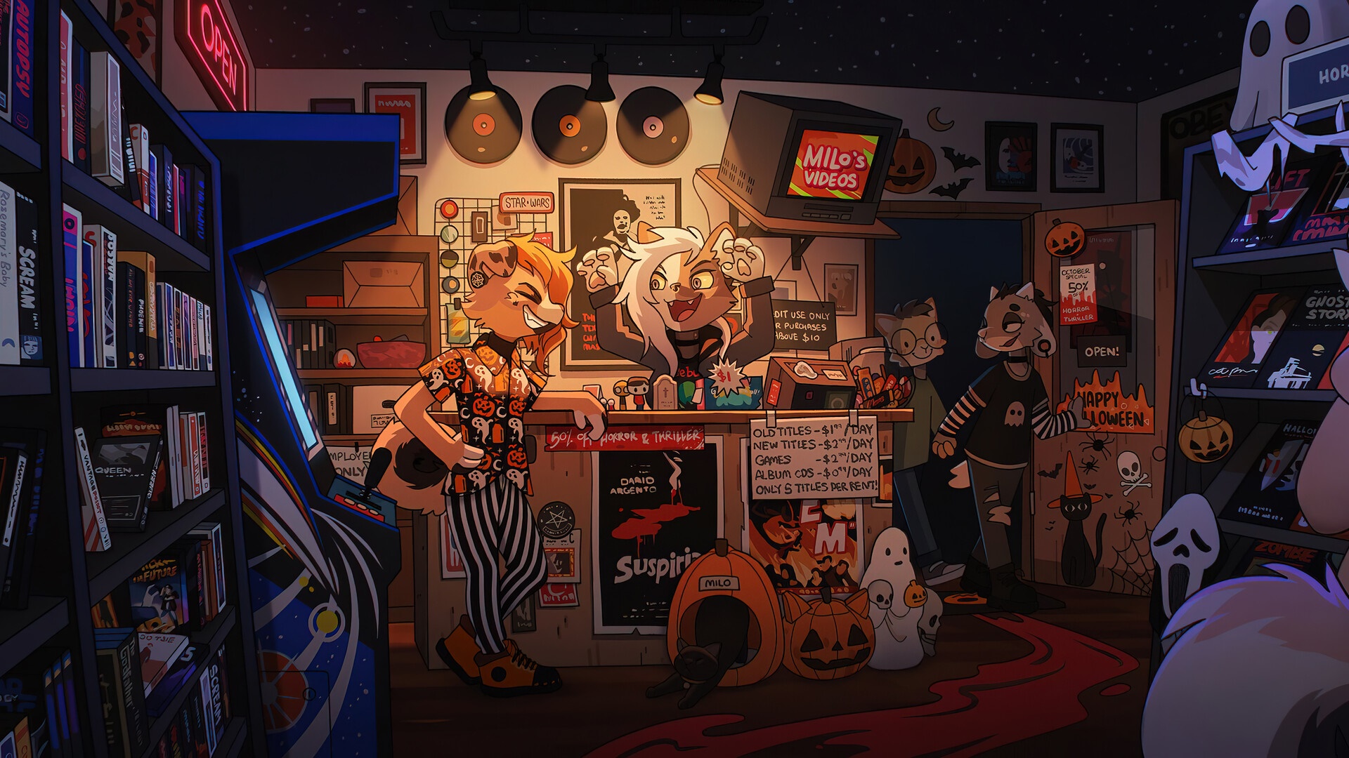 Anthropomorphic animals in a Halloween-themed video store HD Wallpaper