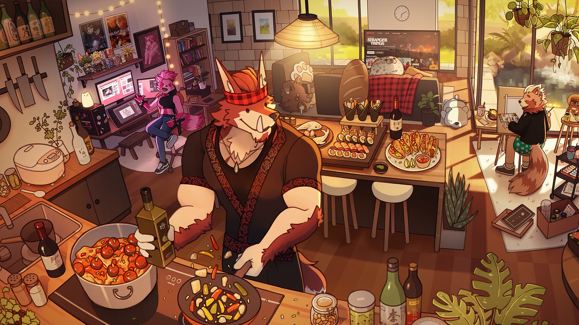Fantasy Animal characters cooking and painting in a living room HD Wallpaper