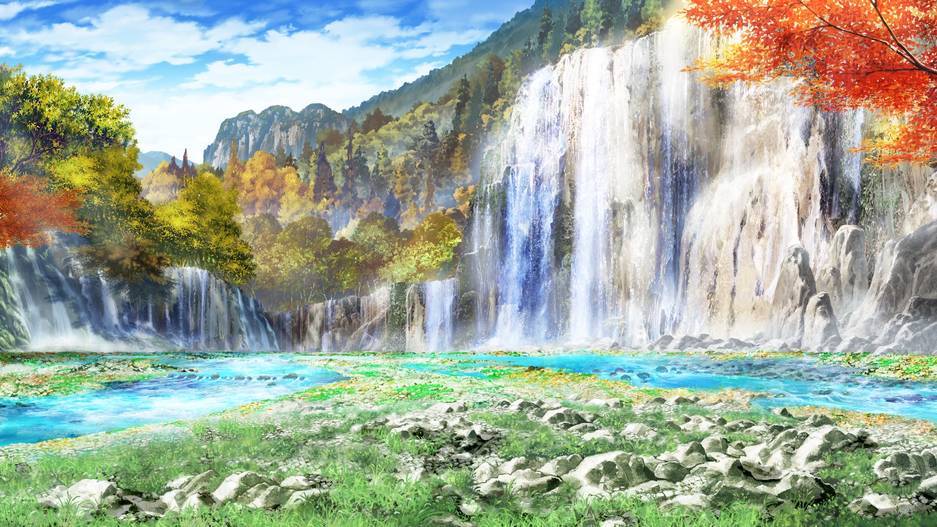 Waterfall landscape with autumn trees HD Wallpaper