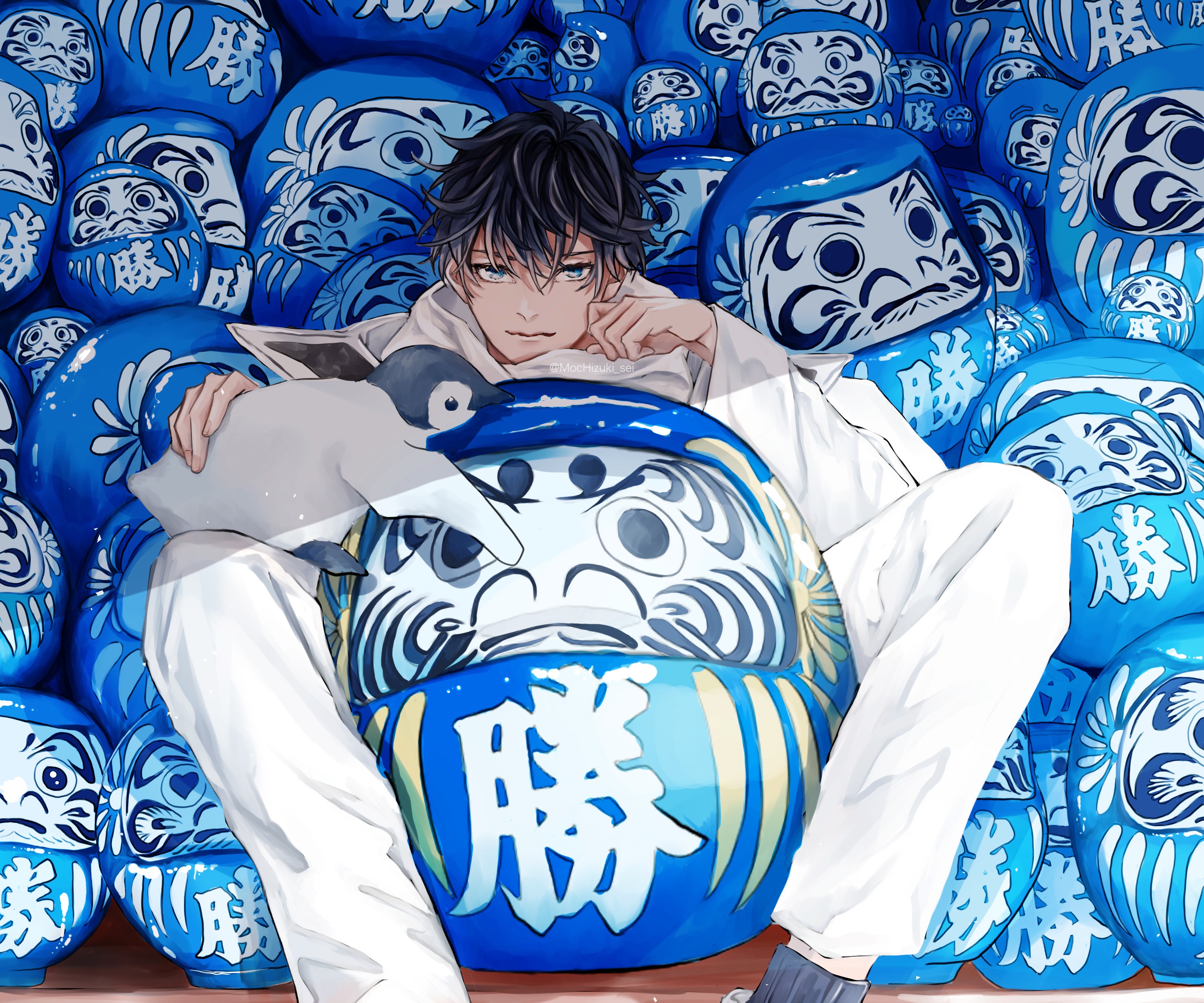 Boy with Penguin surrounded by Daruma dolls HD Wallpaper