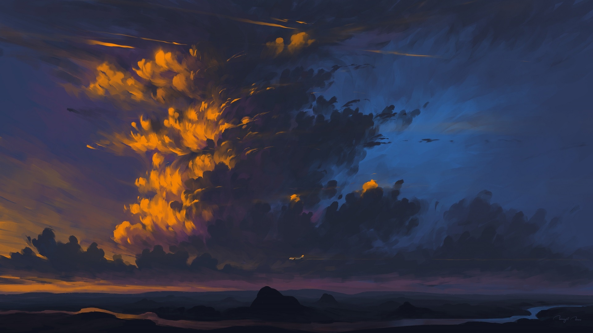 Stormy Sky with Orange Clouds Over Landscape HD Wallpaper