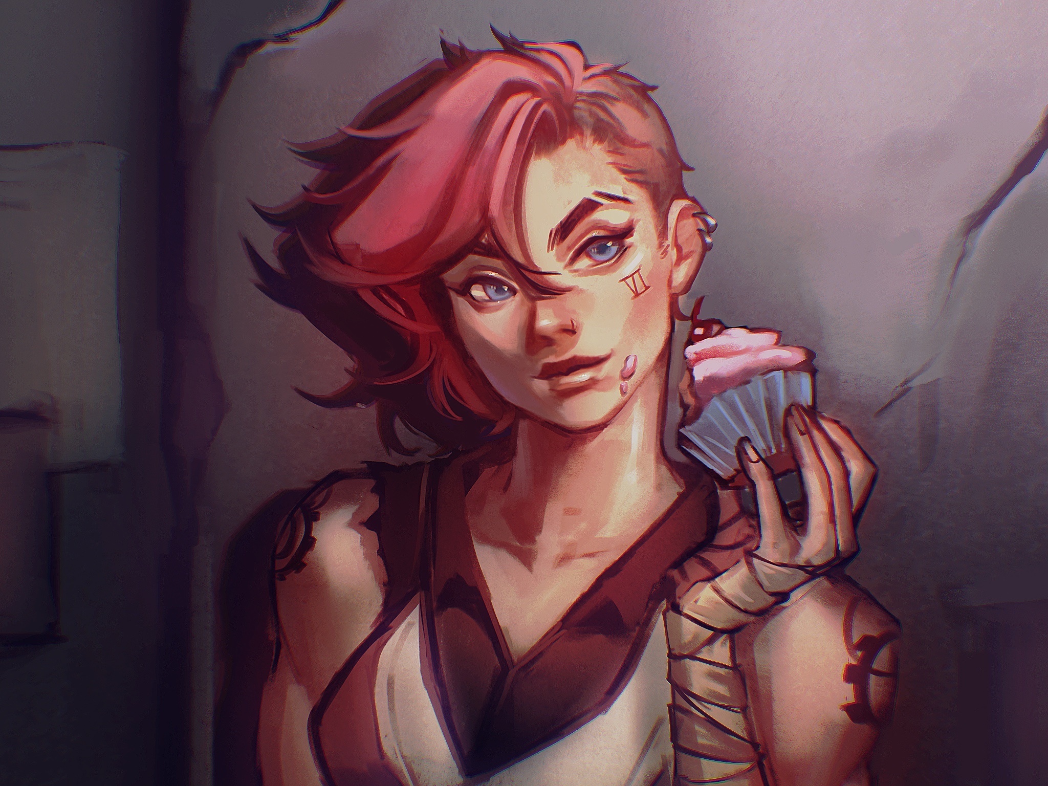 Vi from Arcane holding a cupcake HD Wallpaper