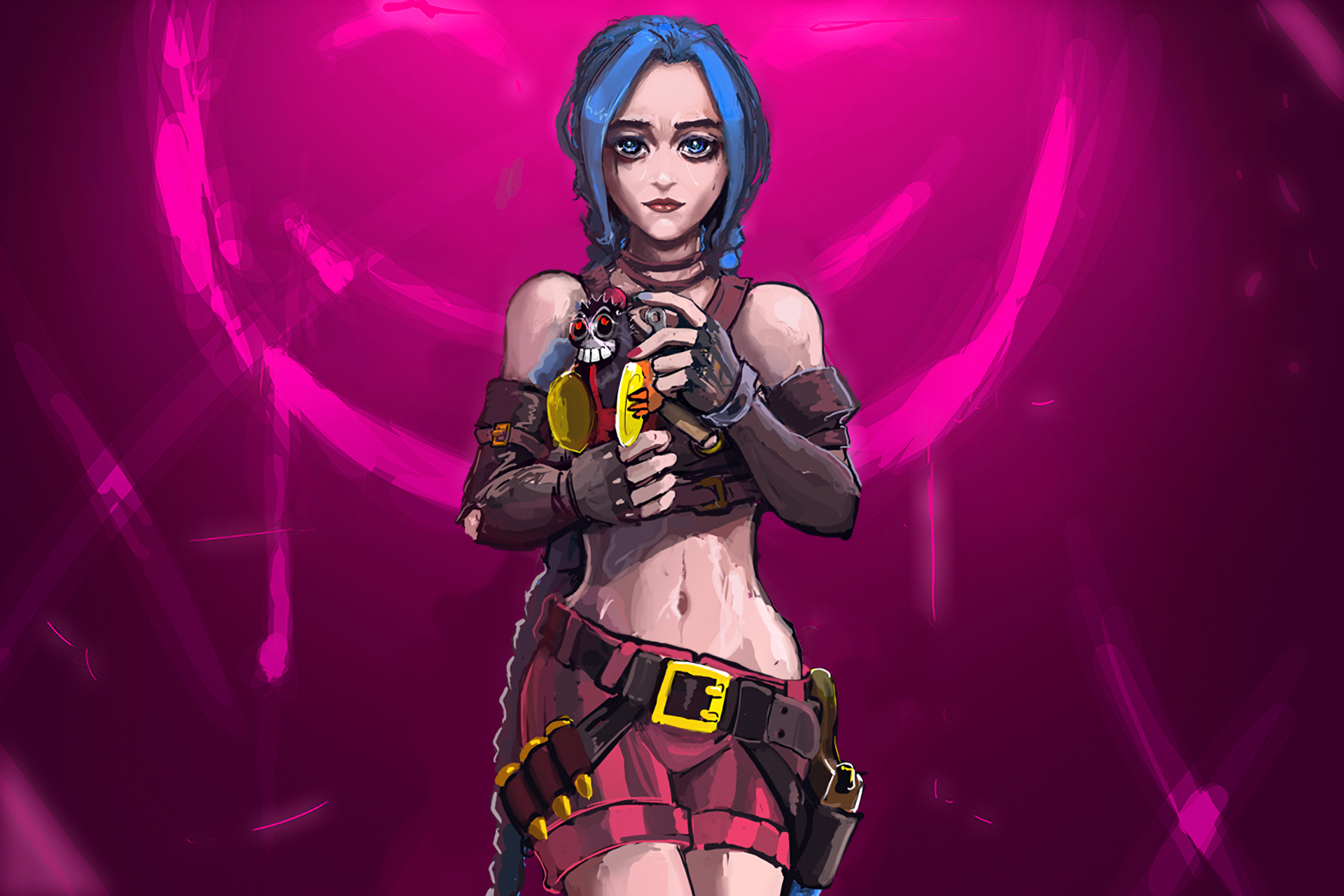 Jinx from League of Legends holding a plush toy HD Wallpaper