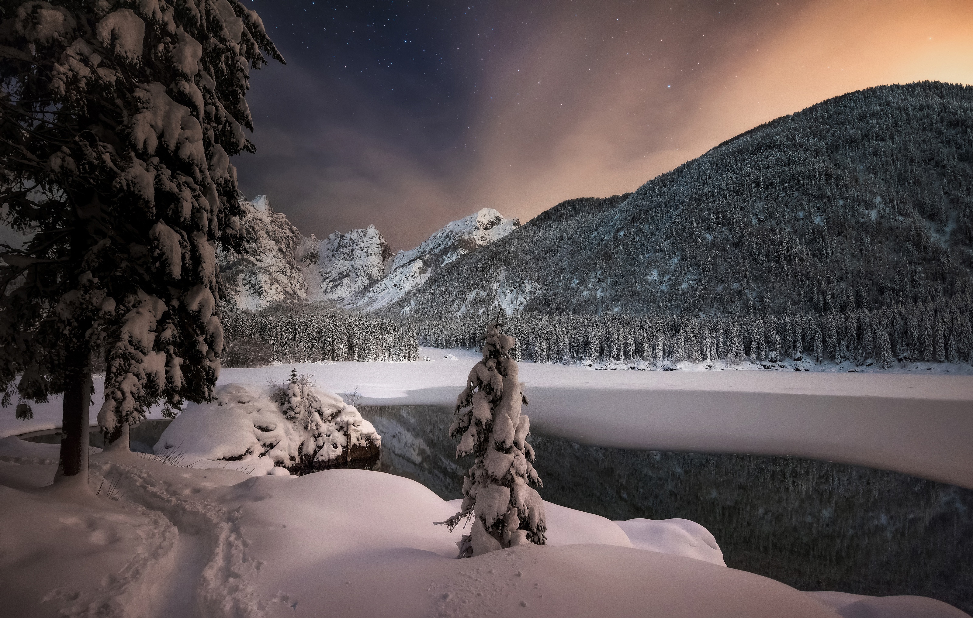 Lake Fusine Italy Snow Mountains Night HD Wallpaper
