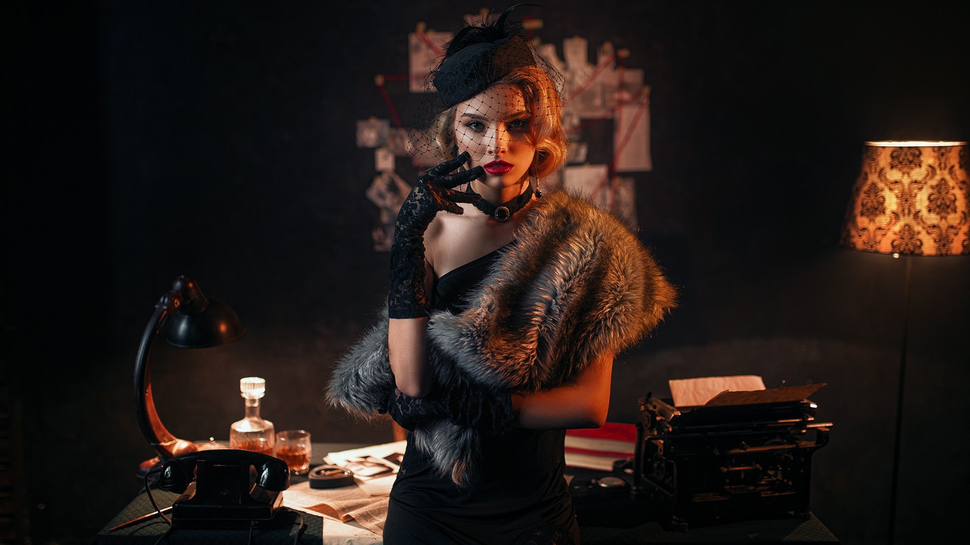 Anastasia Sultanov in vintage detective office HD Wallpaper