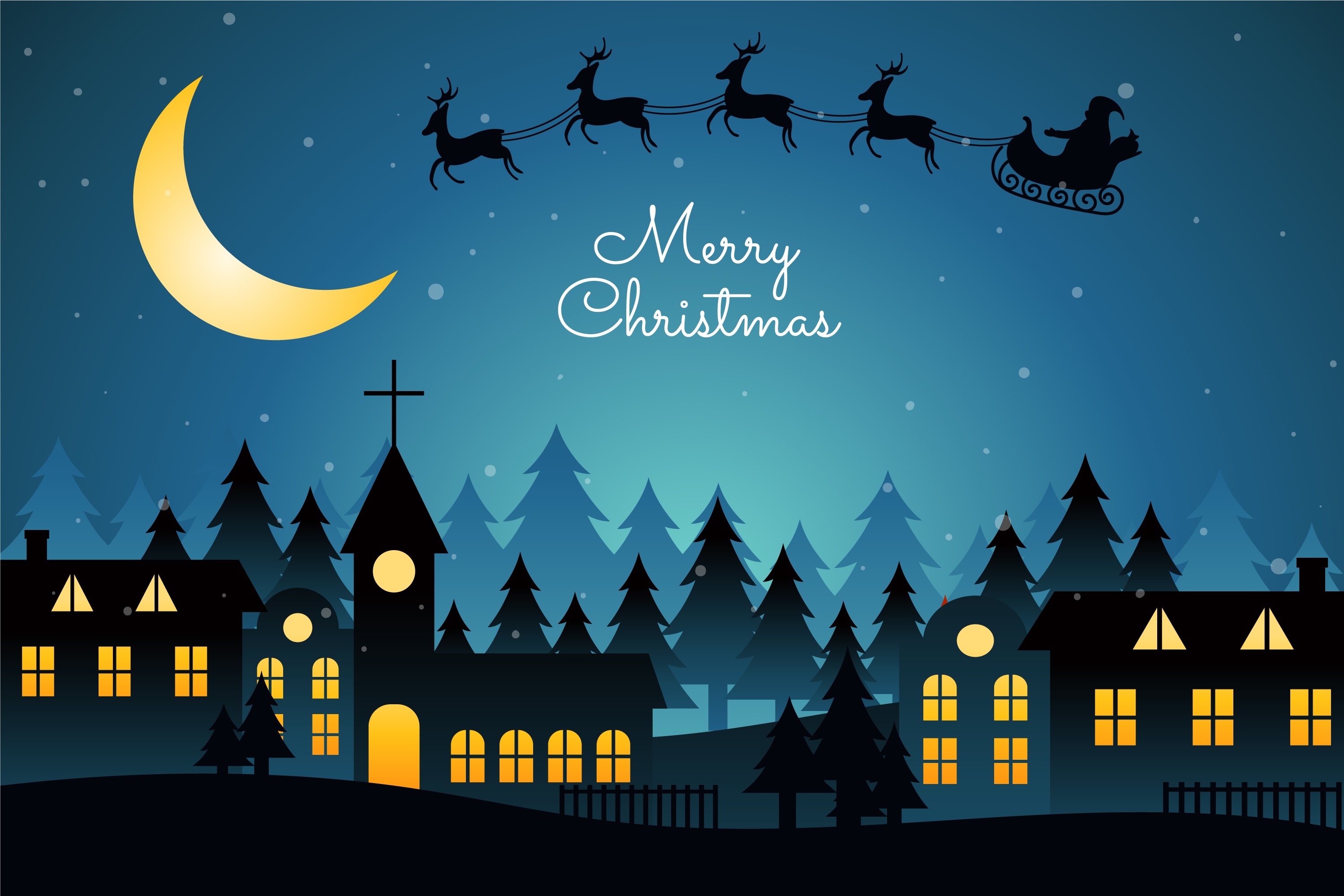 Merry Christmas Night Scene with Santa's Sleigh HD Wallpaper