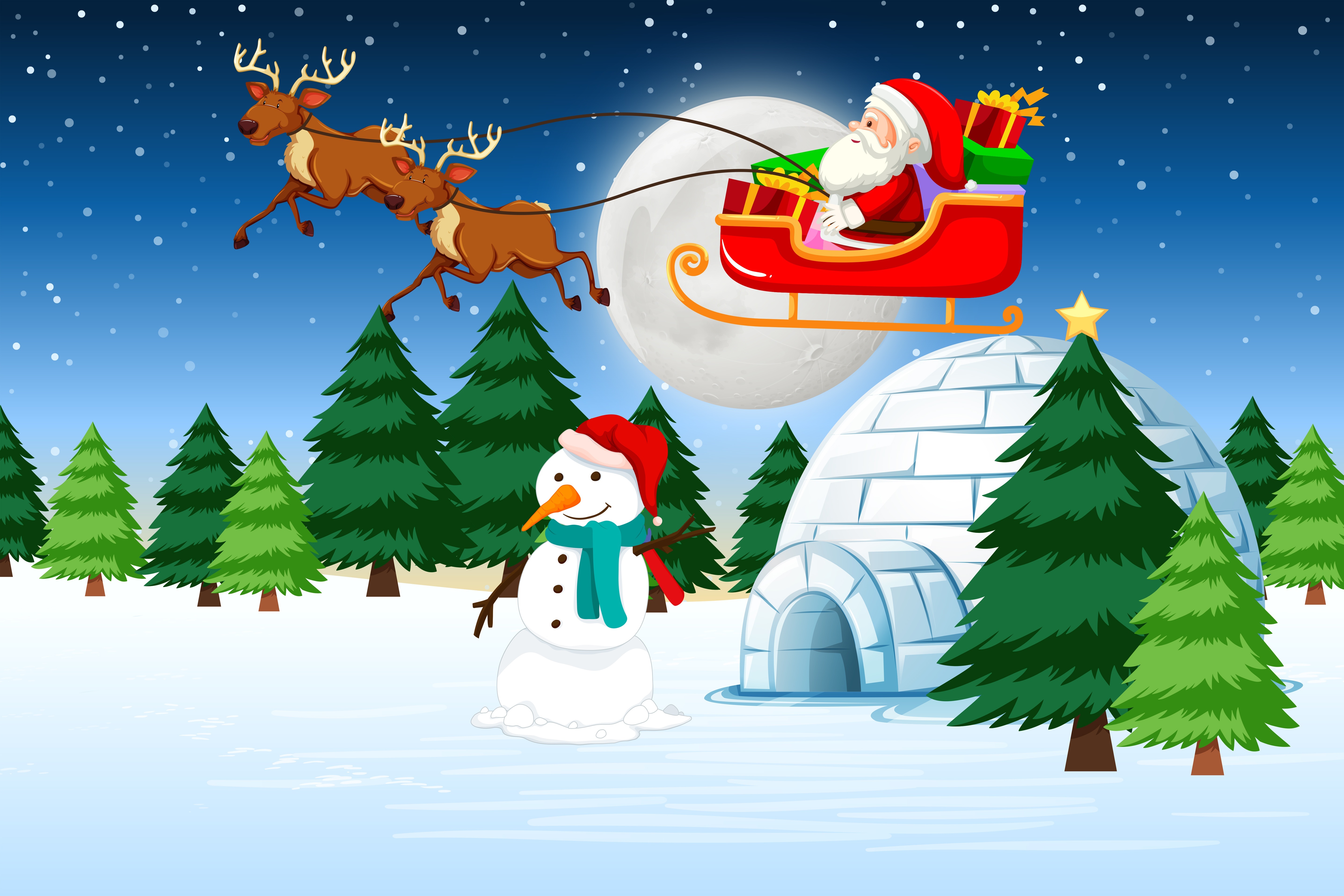 Christmas scene with Santa, reindeer, snowman, and igloo HD Wallpaper