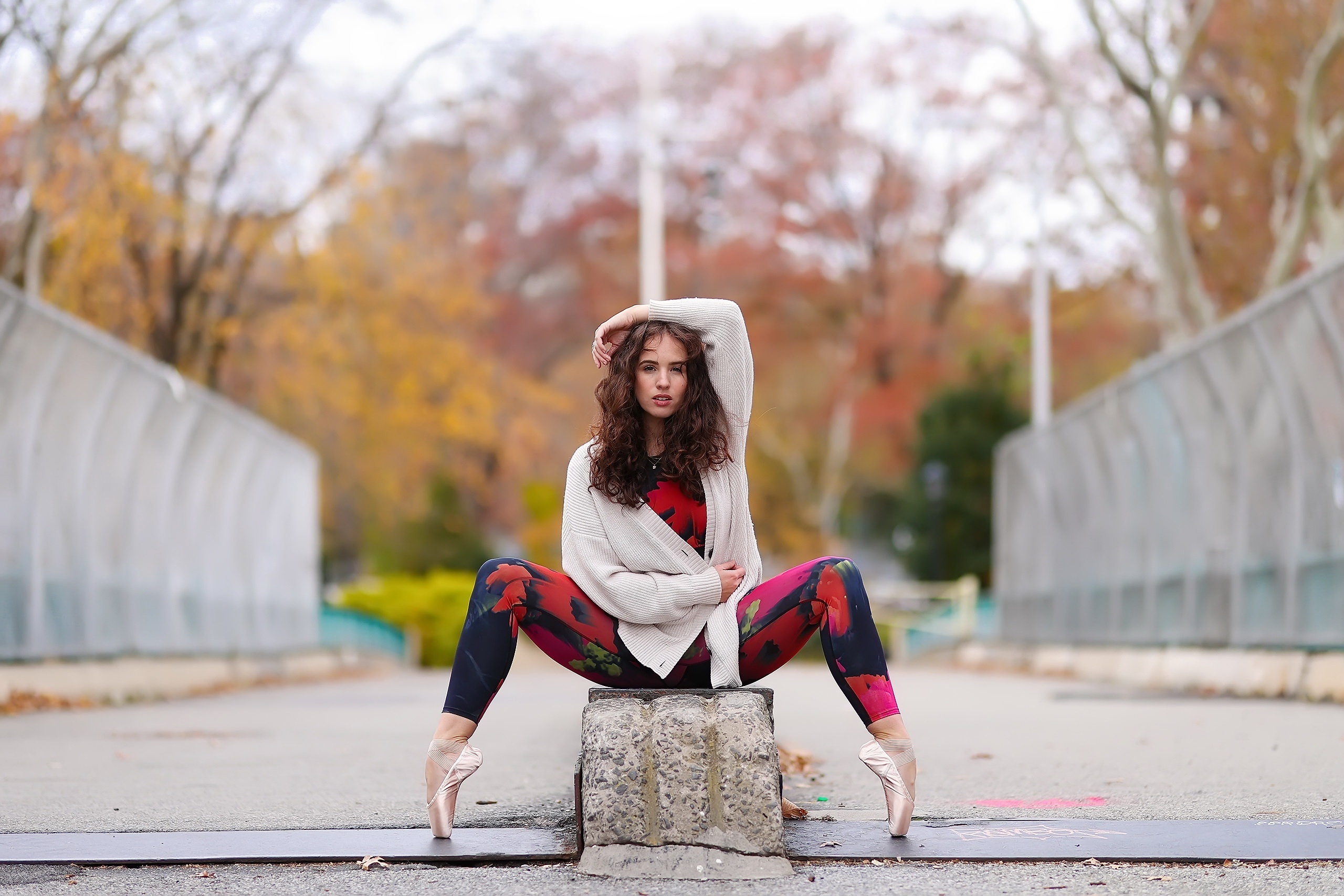 Ballerina Posing on Street with Autumn Trees HD Wallpaper