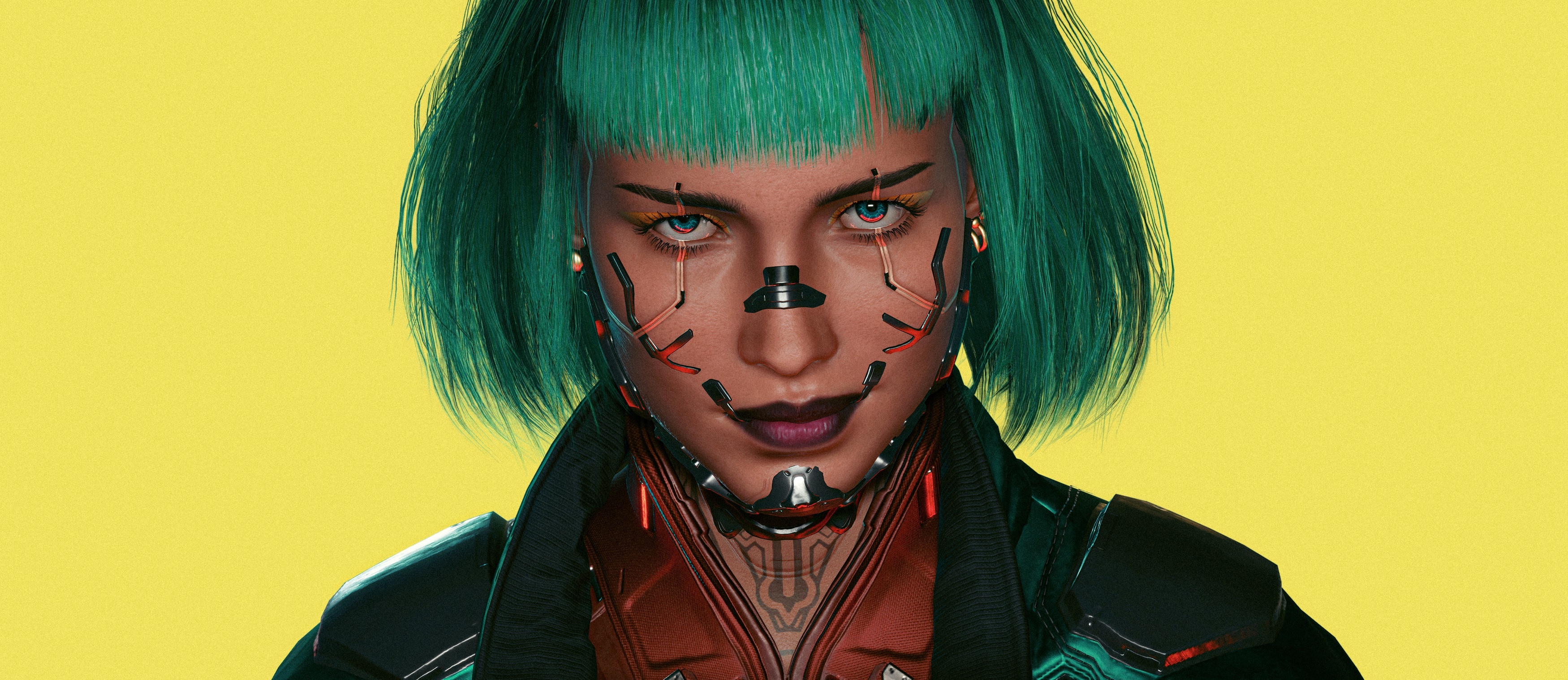 Cyberpunk 2077 Character with Green Hair and Cybernetic Implants HD Wallpaper