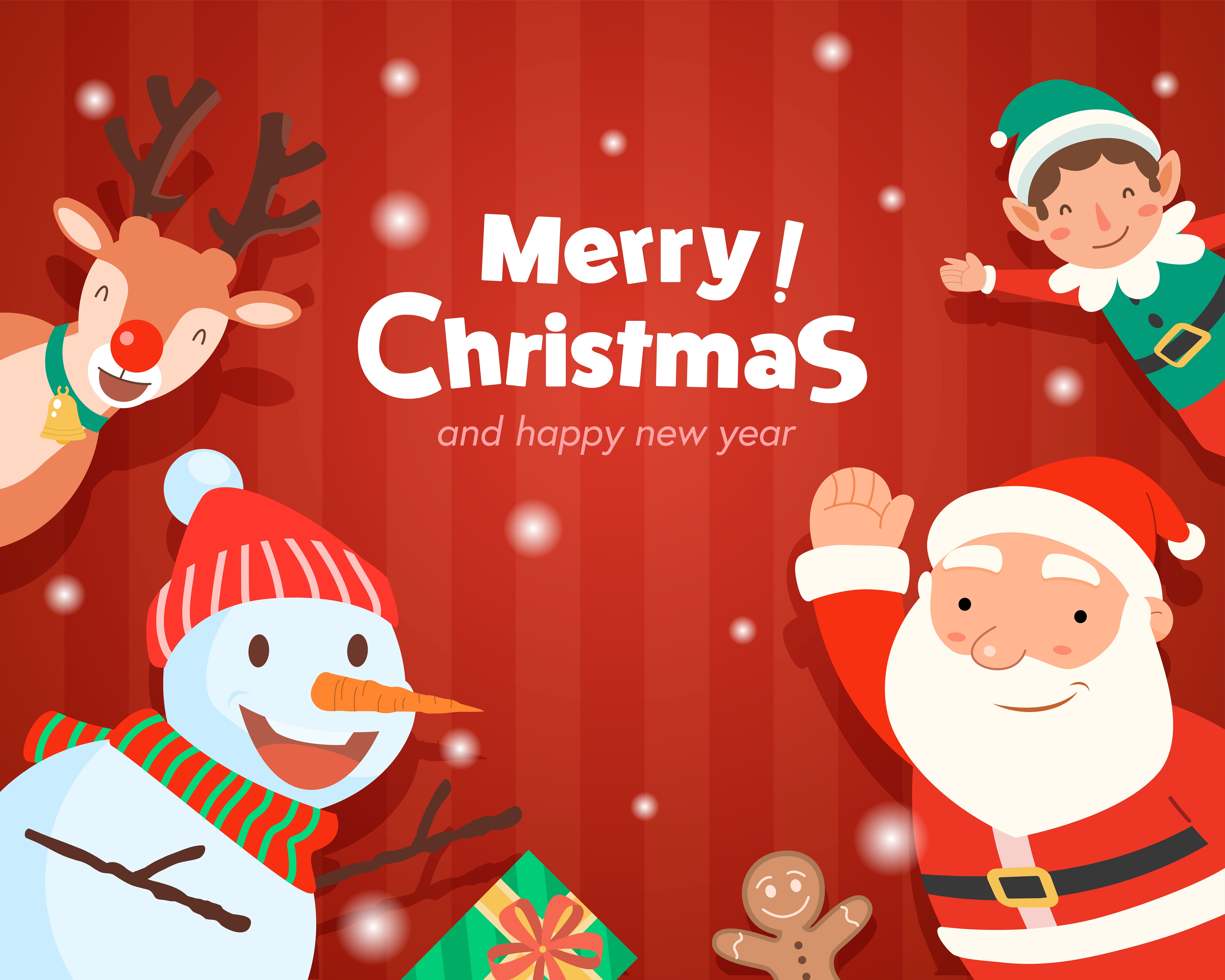 Merry Christmas and Happy New Year with Santa, Snowman, Reindeer, and Elf HD Wallpaper