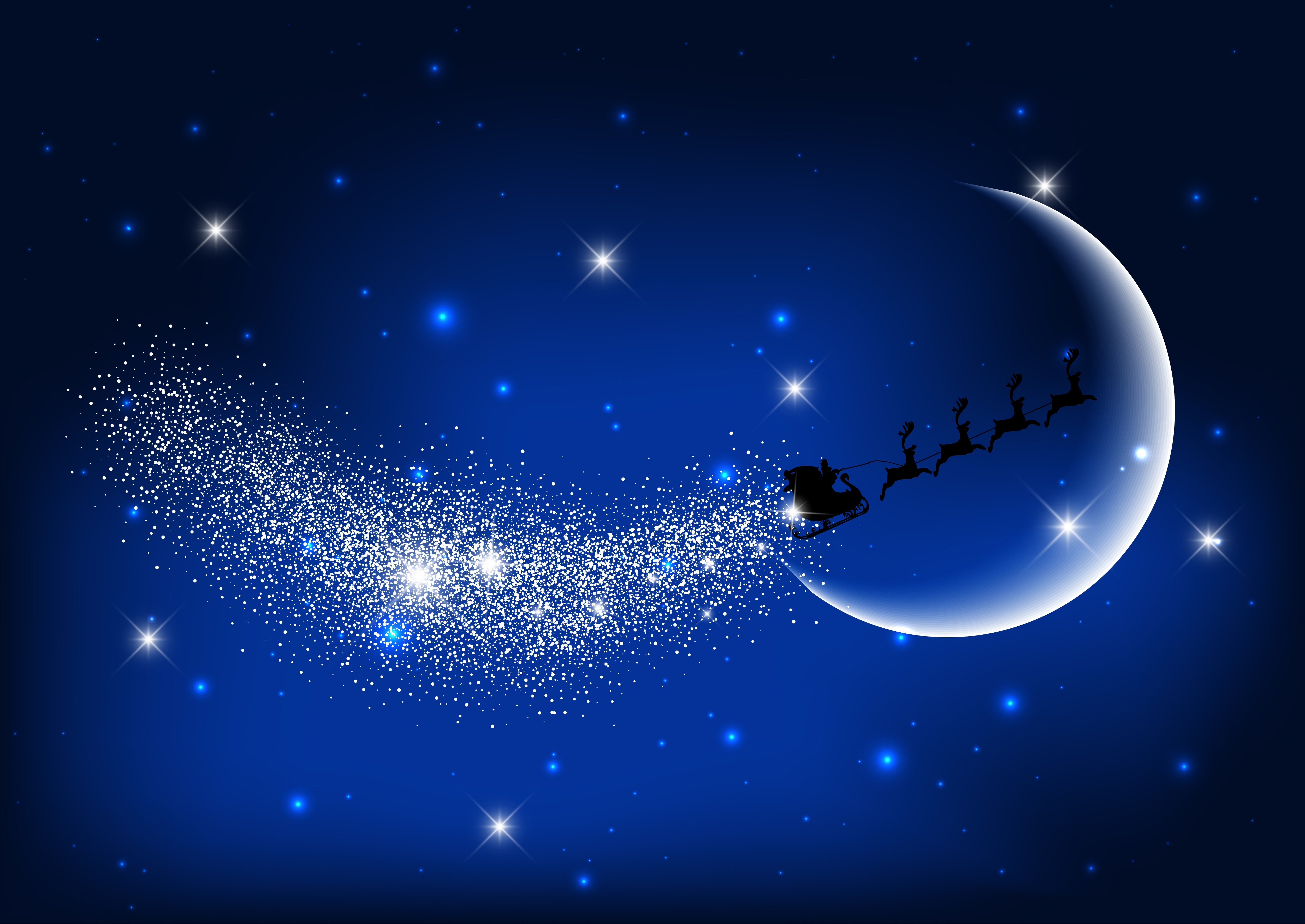 Santa Claus flying in a sleigh with reindeer in the night sky HD Wallpaper