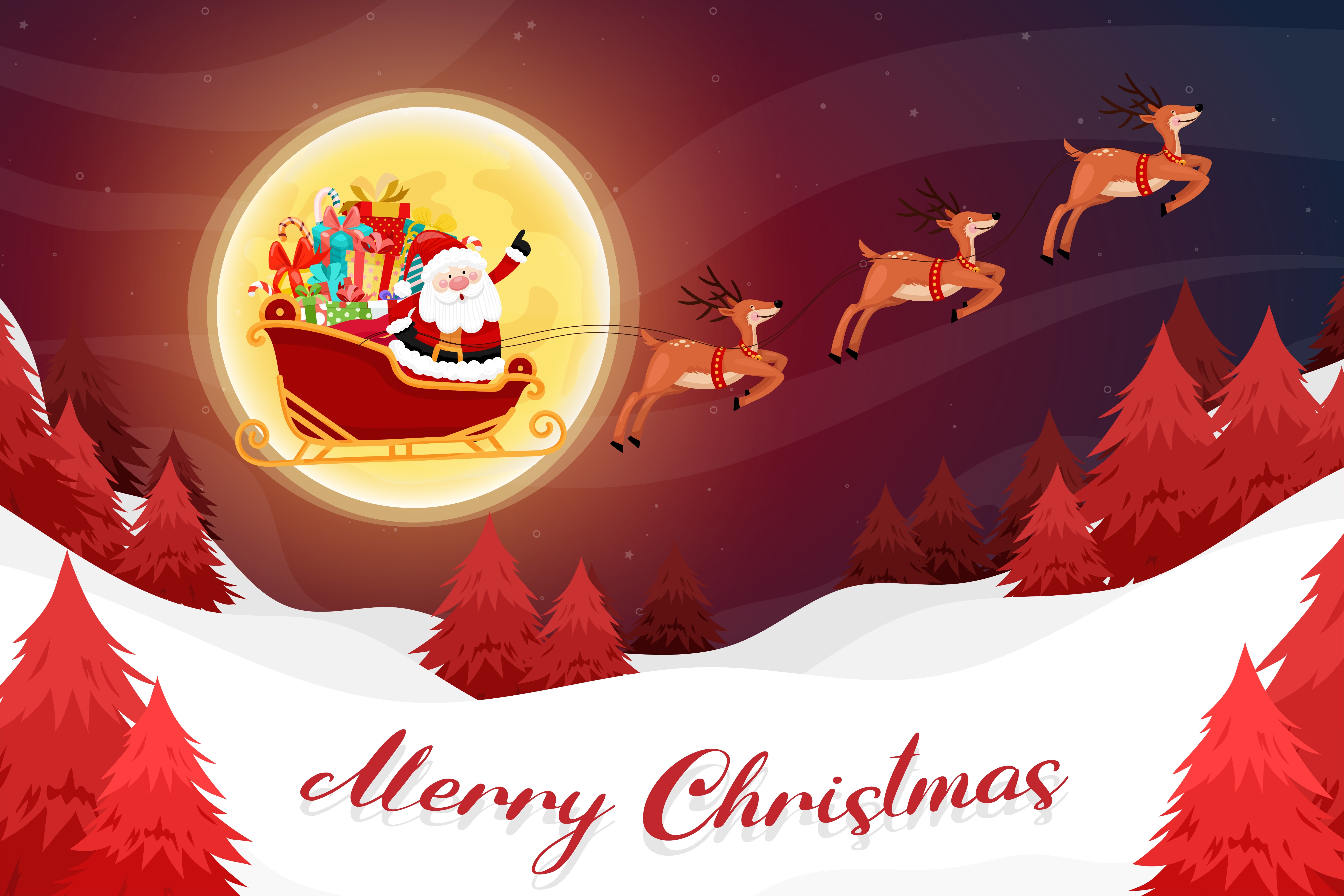 Merry Christmas Santa Sleigh with Reindeer HD Wallpaper