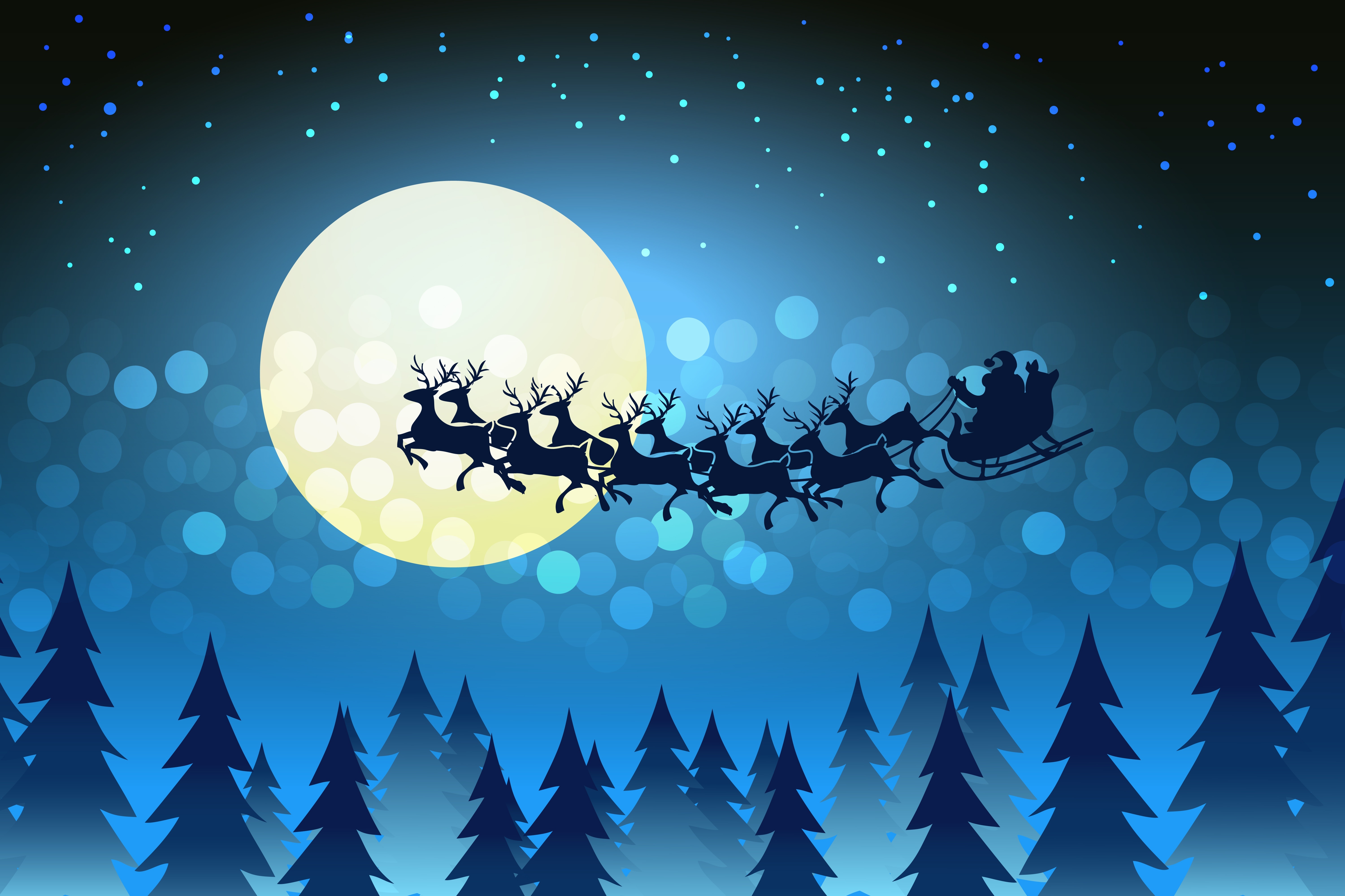 Santa Claus flying in a sleigh with reindeer during Christmas HD Wallpaper