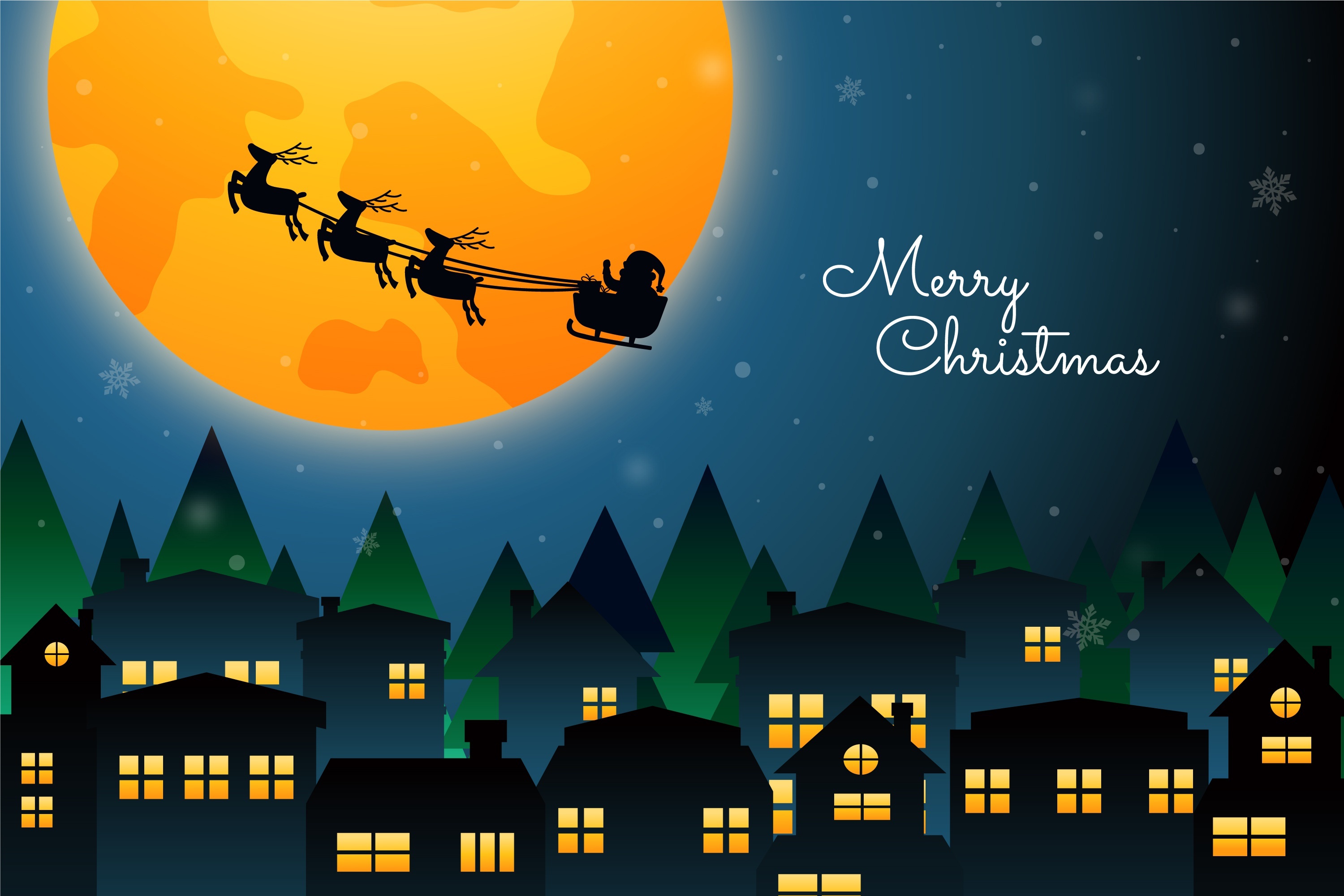 Santa Claus flying in a sleigh with reindeer over a town at night HD Wallpaper