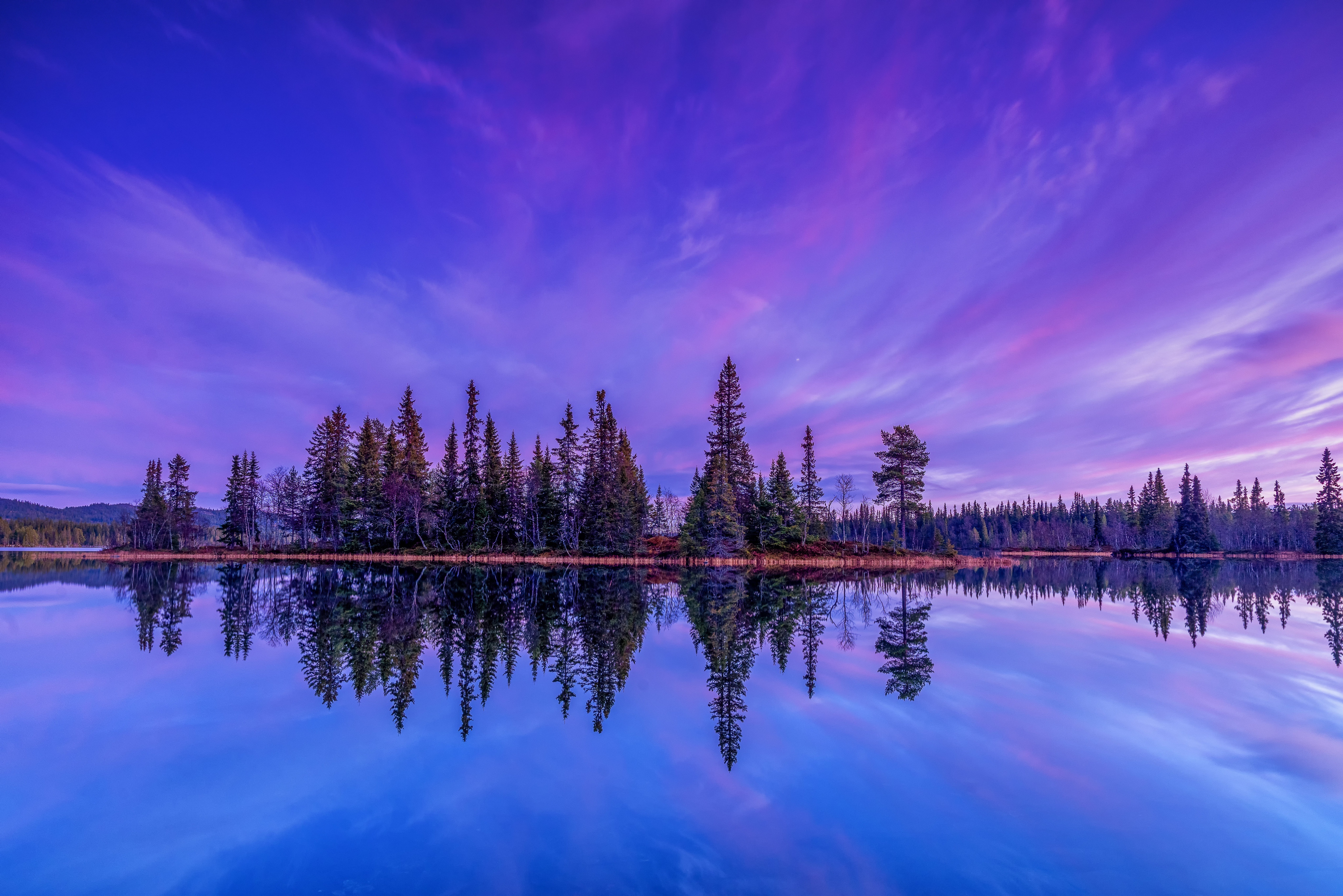 Island of Trees Reflected in Lake at Sunset HD Wallpaper