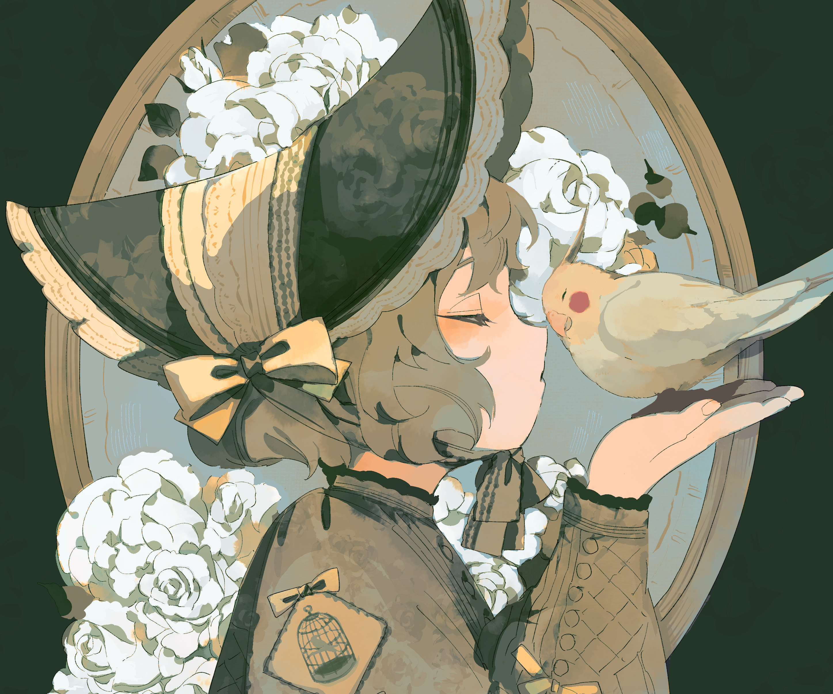 Girl in ornate hat with a cockatiel HD Wallpaper