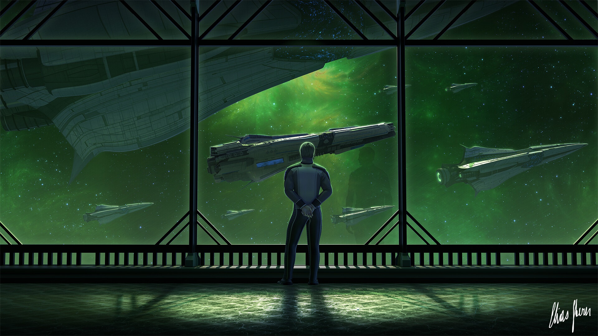 Sci Fi Spaceship Fleet in Green Nebula HD Wallpaper