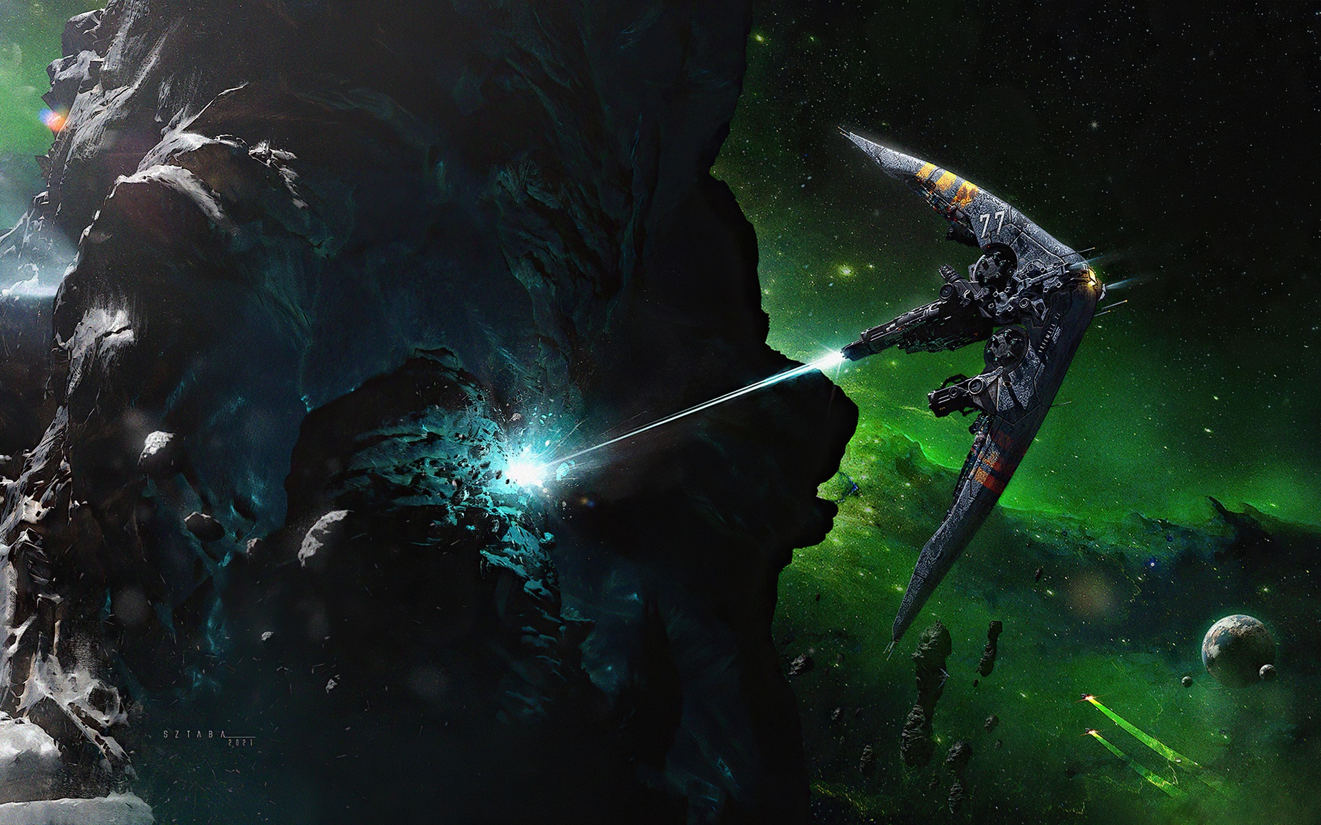 Spaceship firing laser at asteroid in nebula HD Wallpaper