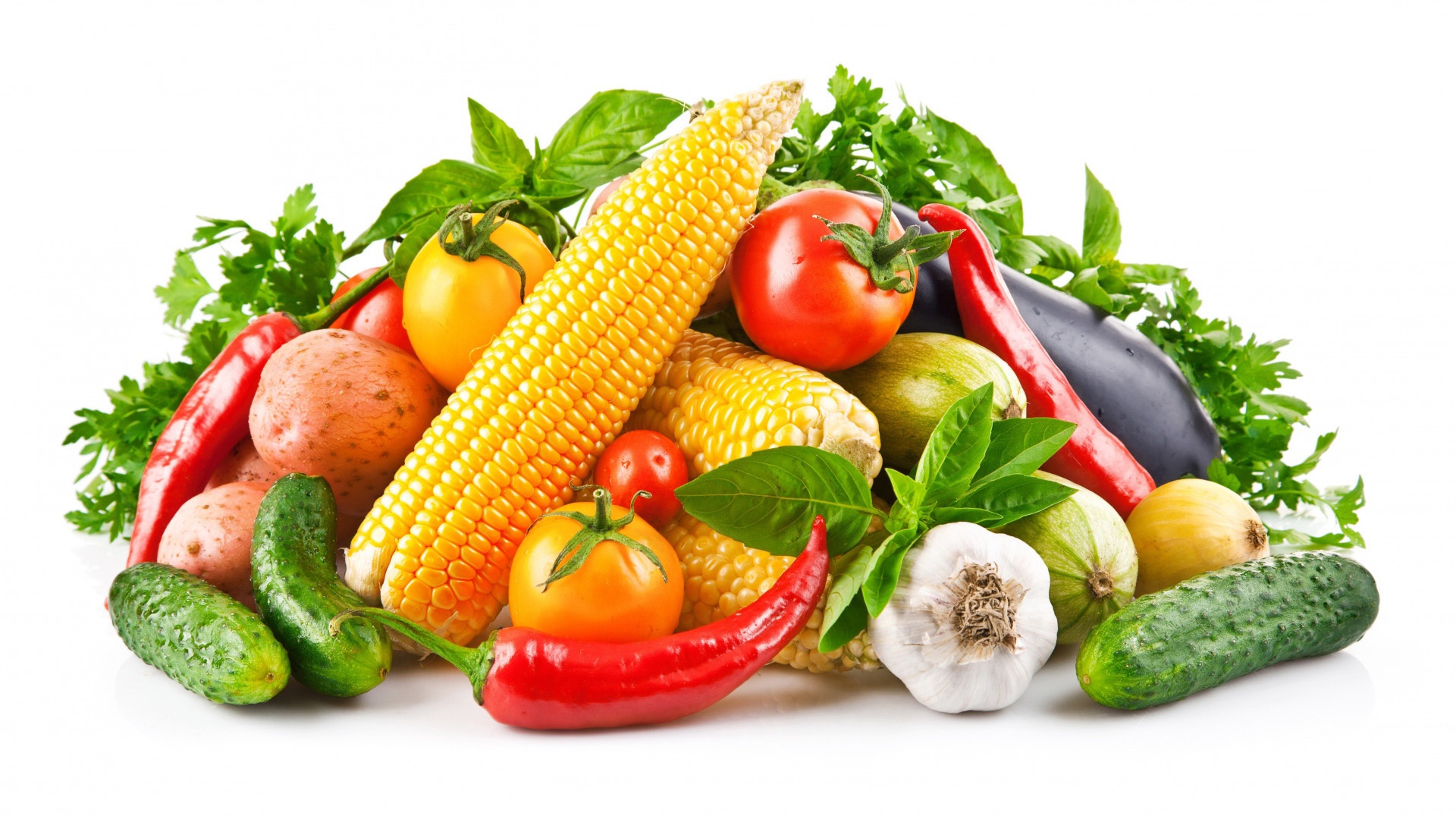Assortment of fresh vegetables including corn, tomatoes, potatoes, and peppers HD Wallpaper