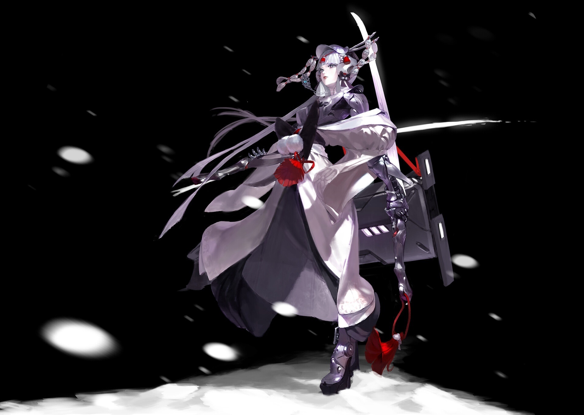 Girl with sword and mechanical arm in snow HD Wallpaper