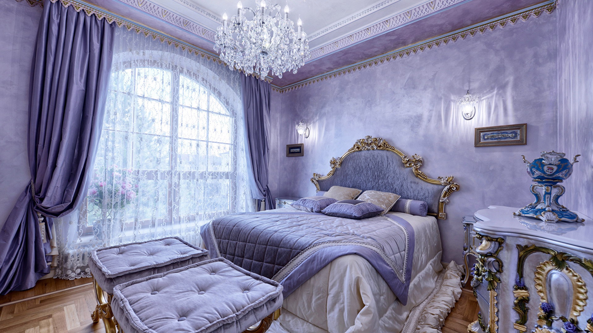 Luxurious purple bedroom with ornate furniture HD Wallpaper