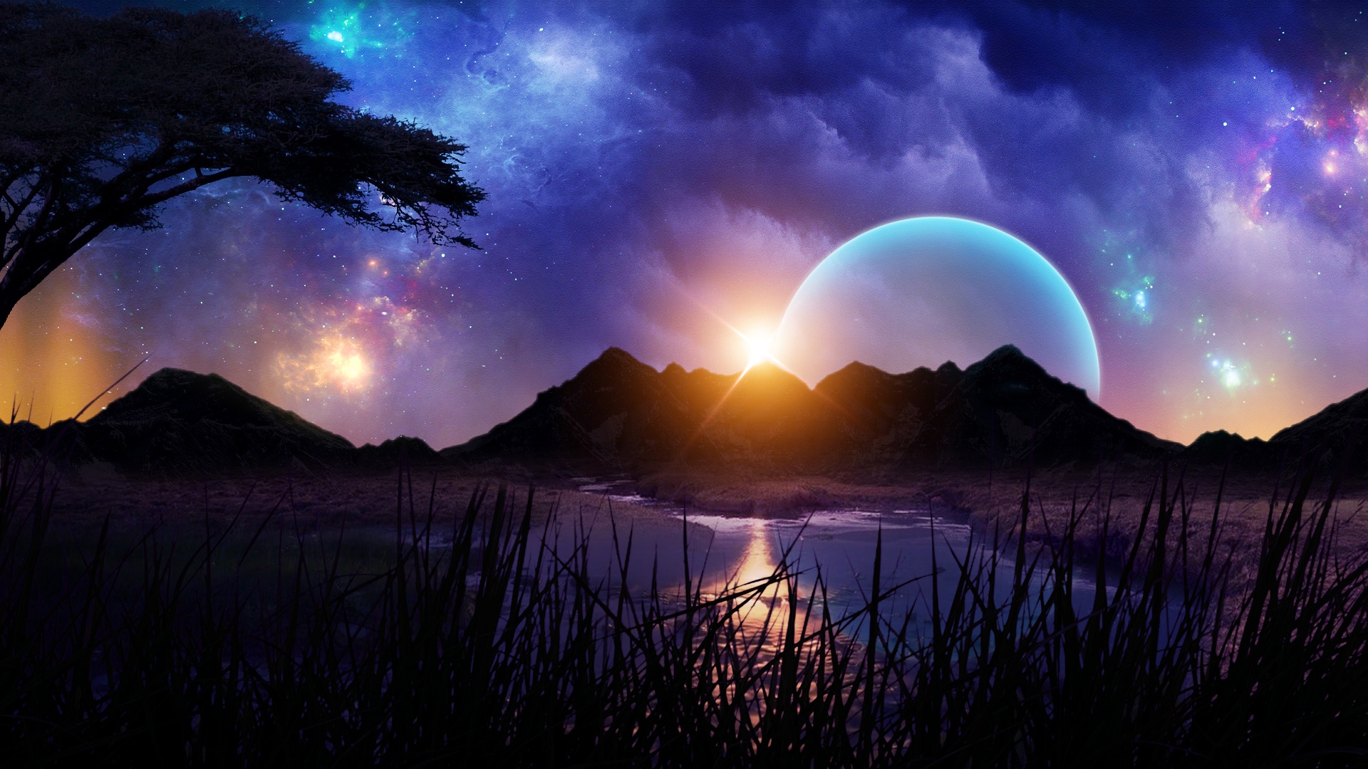 Alien planet landscape with a large moon and mountains HD Wallpaper