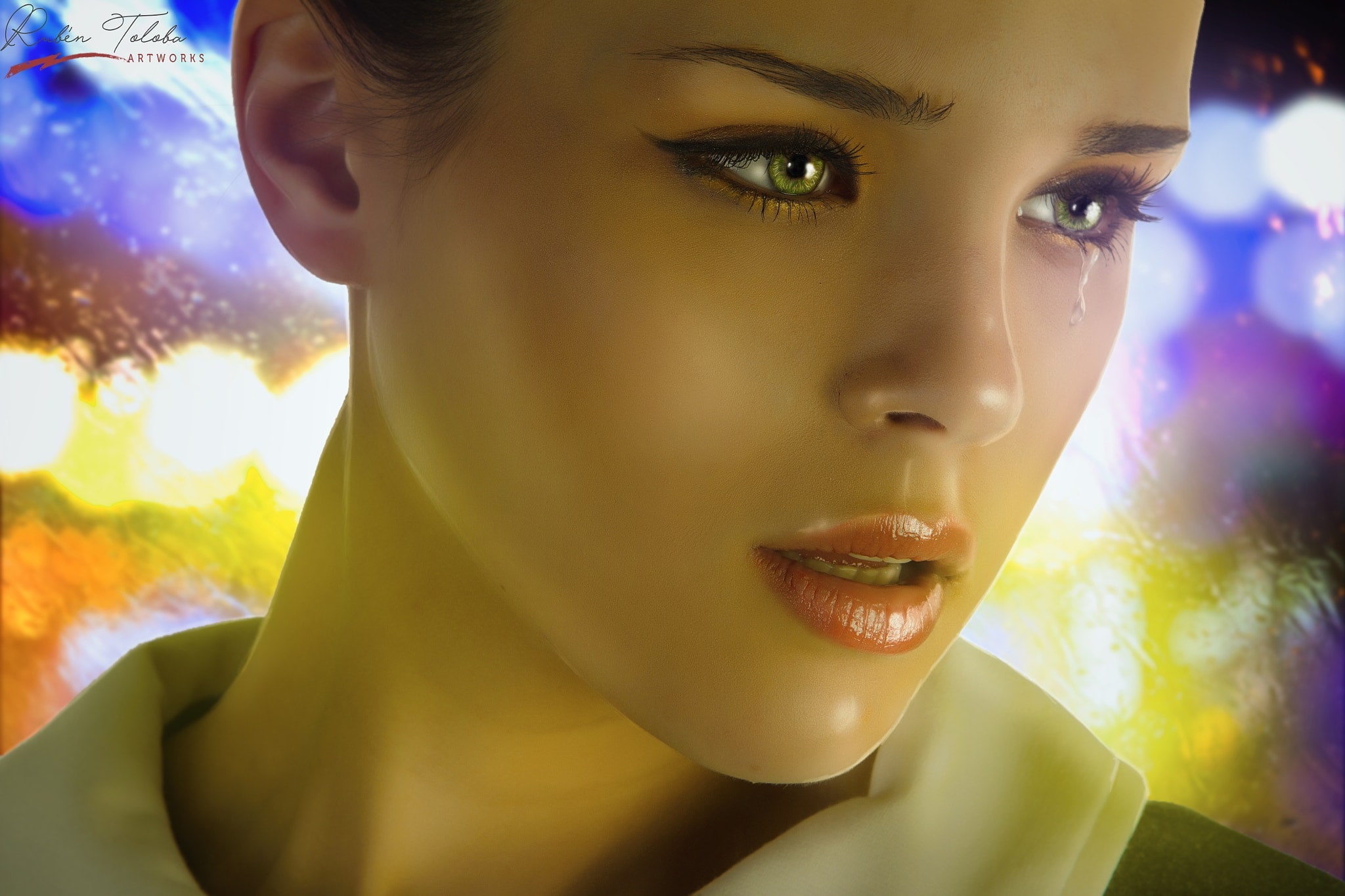 Woman with green eyes crying HD Wallpaper