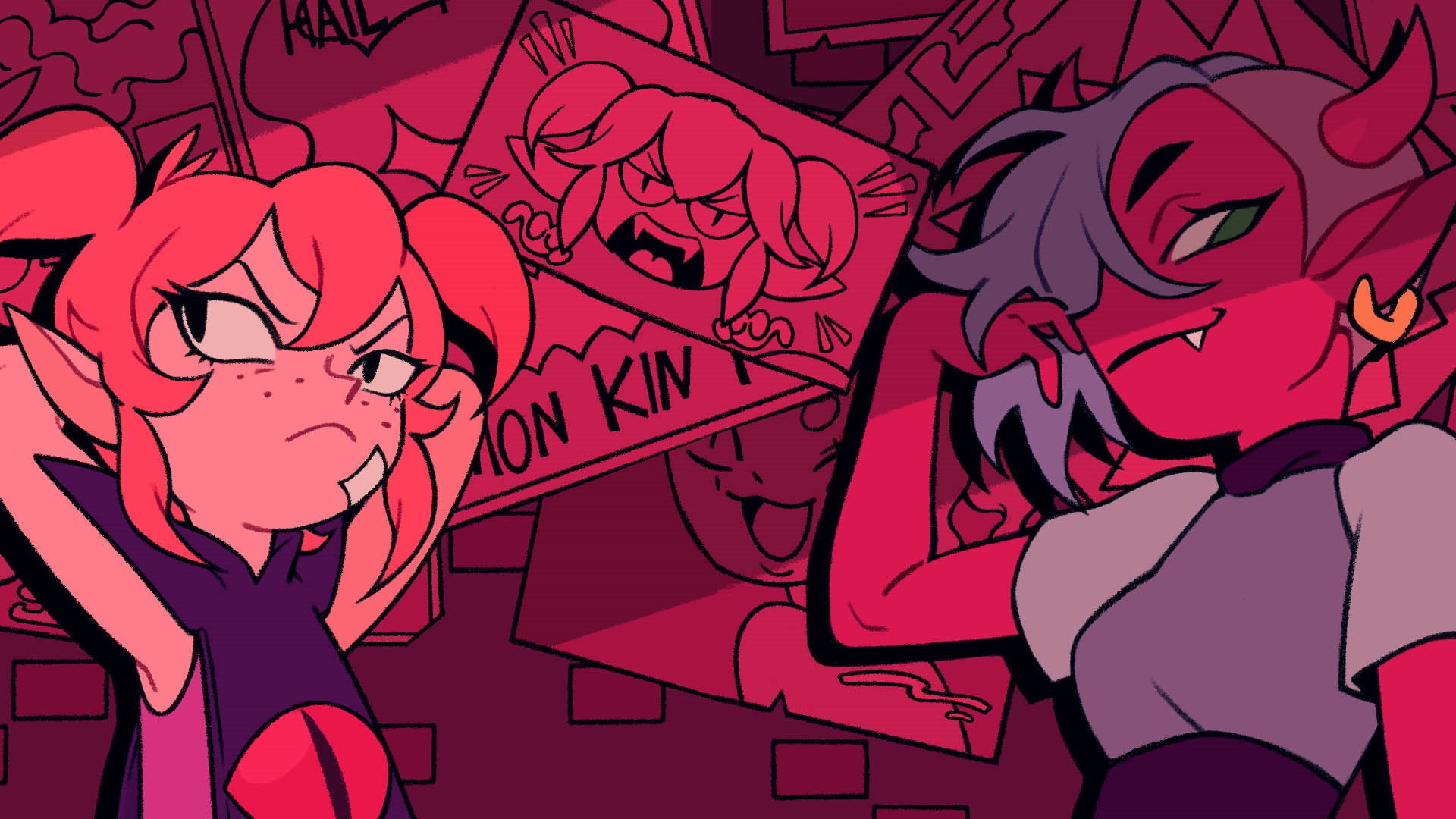 Two demon girls in front of wanted posters HD Wallpaper
