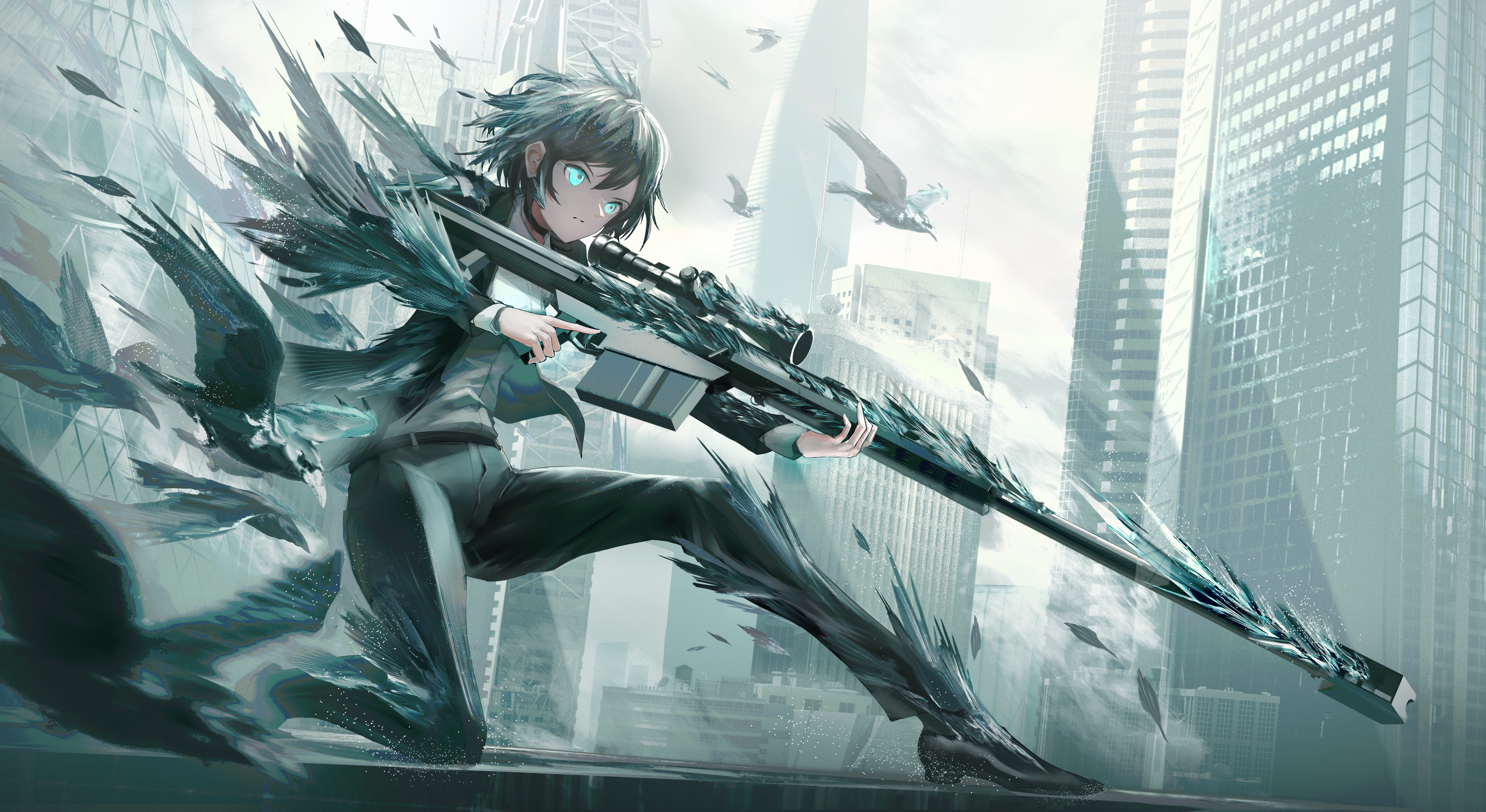 Girl with sniper rifle surrounded by birds in city HD Wallpaper